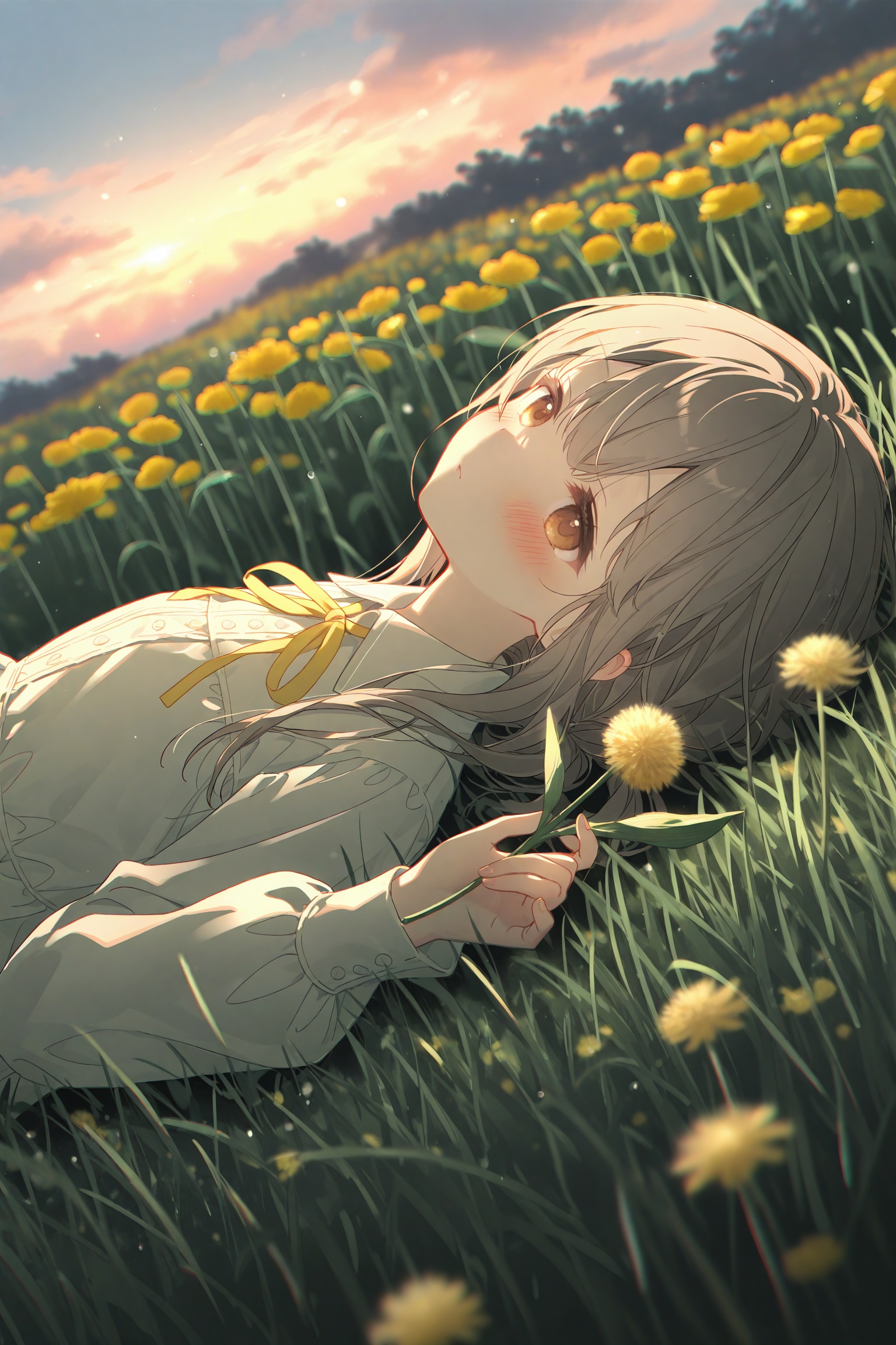 loli masterpiece very aware highres absurdres newest best quality high quality loli petite chromatic_aberration Light Blue Theme // 1girl solo flower lying holding_flower on_back long_hair holding outdoors yellow_flower cloud sky water_drop blurry_foreground blurry dress field from_side long_sleeves depth_of_field shirt grass white_shirt cloudy_sky blush brown_eyes collared_shirt white_dress grey_hair dandelion sunlight brown_hair expressionless flower_field parted_lips neck_ribbon yellow_theme day dutch_angle yellow_eyes on_grass// year_2023 year_2024 // official art depth of field detailed light blurry background cinematic lighting ray tracing ultra detailed god rays backlighting photo background chromatic aberration volumetric lighting depth of field blurry background cinematic lighting very aesthetic<lora:lp22:0.8>