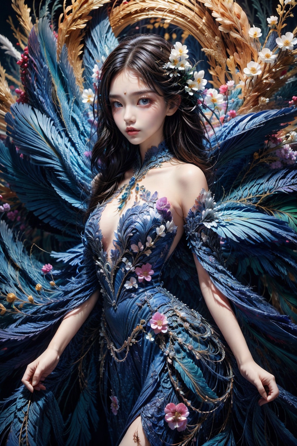 18 y.o girl,feathers,flower,<lora:Again_Style:1>