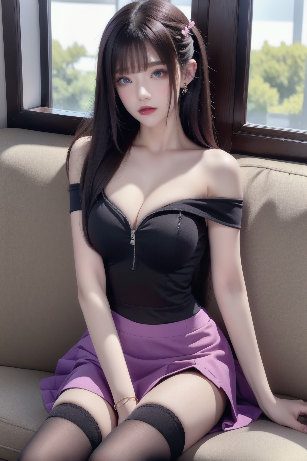 <lora:真人自制V1:1>,1girl,solo,breasts,thighhighs,skirt,sitting,long hair,jewelry,cleavage,looking at viewer,earrings,bracelet,hair ornament,pink skirt,off shoulder,bare shoulders,brown hair,hairclip,side slit,shirt,medium breasts,window,indoors,lips,purple skirt,black thighhighs,couch,collarbone,realistic,bangs,blue eyes,