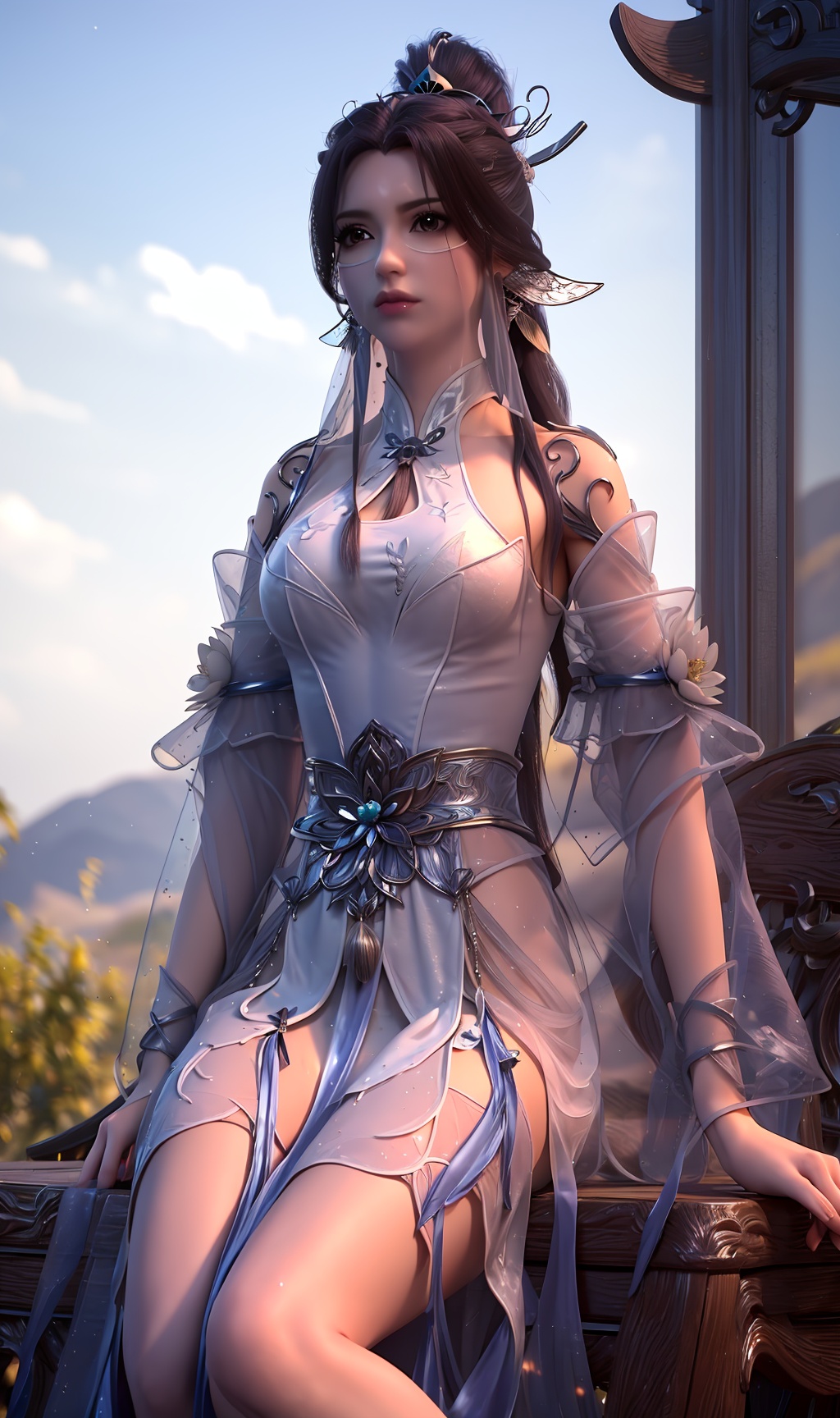 masterpiece,(best quality),3D,makeup,official art, extremely detailed cg 8k wallpaper,((crystalstexture skin)), (extremely delicate and beautiful),highly detailed,1girl,solo,long hair,headwear,(sitting),( hair),(( dress)),, (chinese_clothes),(veil), (mouth_veil),((upper_body)), (medium breasts),((hair_ornament)),facial_mark,,,(clothes),(chinese_clothes:),(dress),(skirts),(sunshine, outdoor),((looking_at_viewer)),((Facing the camera)),(thighs),, <lora:hipoly3DModelLora_v10:0.3>