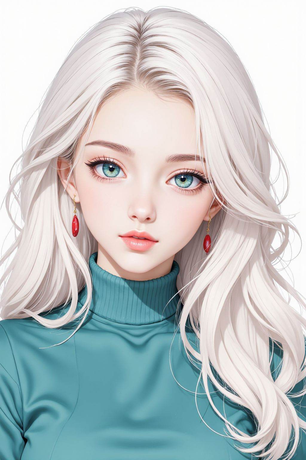 illustrated, Anime-inspired cartoon character design of a beautiful woman with long, curly white hair and green eyes. She wears a teal turtleneck sweater and red earrings, with a neutral expression.