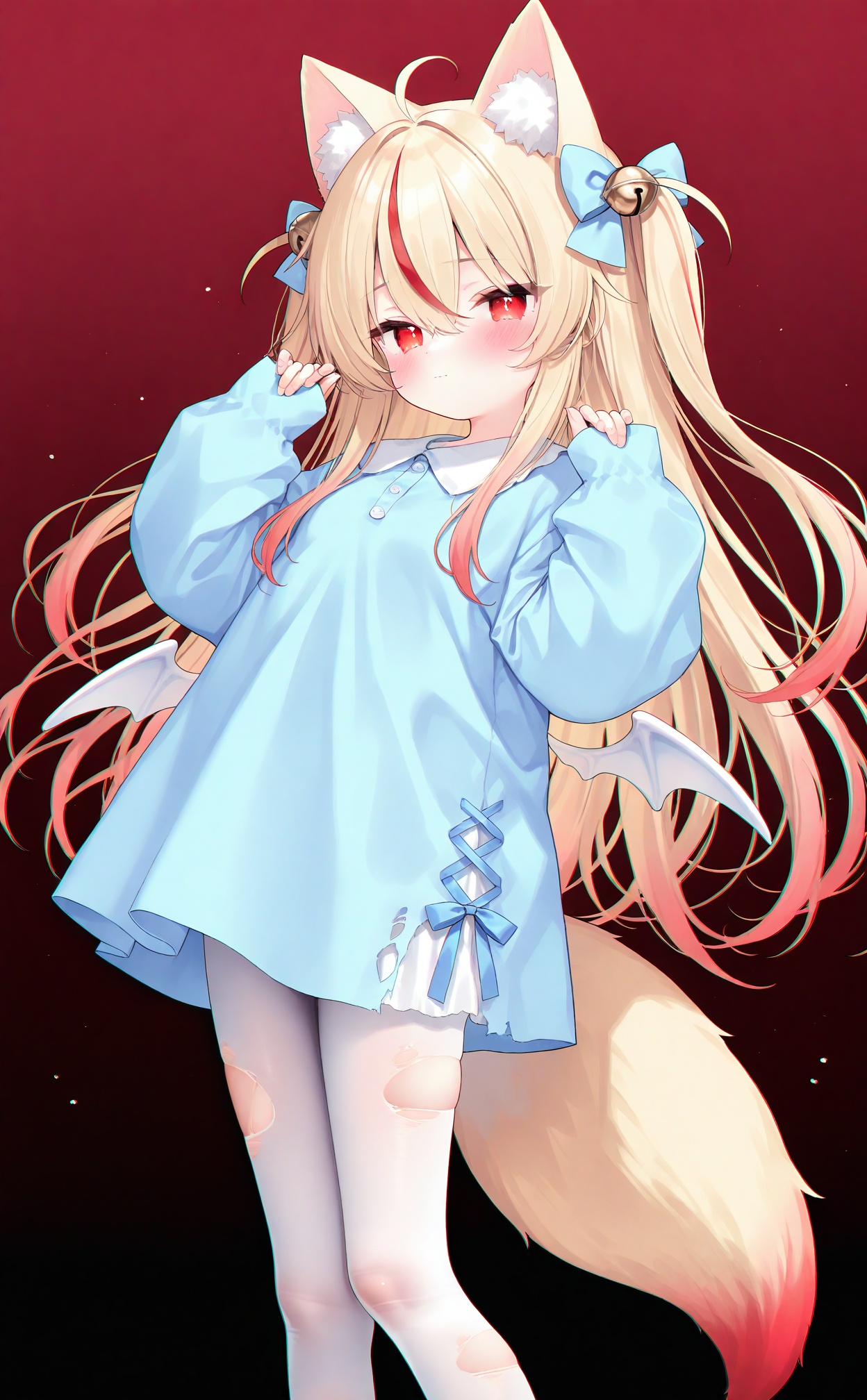 masterpiece,absurdres,best quality,high quality,chromatic_aberration,loli,//,1girl,animal ears,tail,blonde hair,fox ears,hair bell,solo,animal ear fluff,fox tail,white pantyhose,pantyhose,long hair,fox girl,red hair,torn clothes,red eyes,multicolored hair,torn pantyhose,hair bow,looking at viewer,virtual youtuber,long sleeves,sleeves past wrists,puffy long sleeves,bow,red background,bell,ahoge,hair ornament,streaked hair,two side up,dress,wings,mini wings,blue bow,blue shirt,hands up,very long hair,shirt,puffy sleeves,blue dress,blush,hair between eyes,closed mouth,jingle bell,gradient background,feet out of frame,standing,short dress,//,<lora:nyalia917——【NOOB】hans:0.8>,