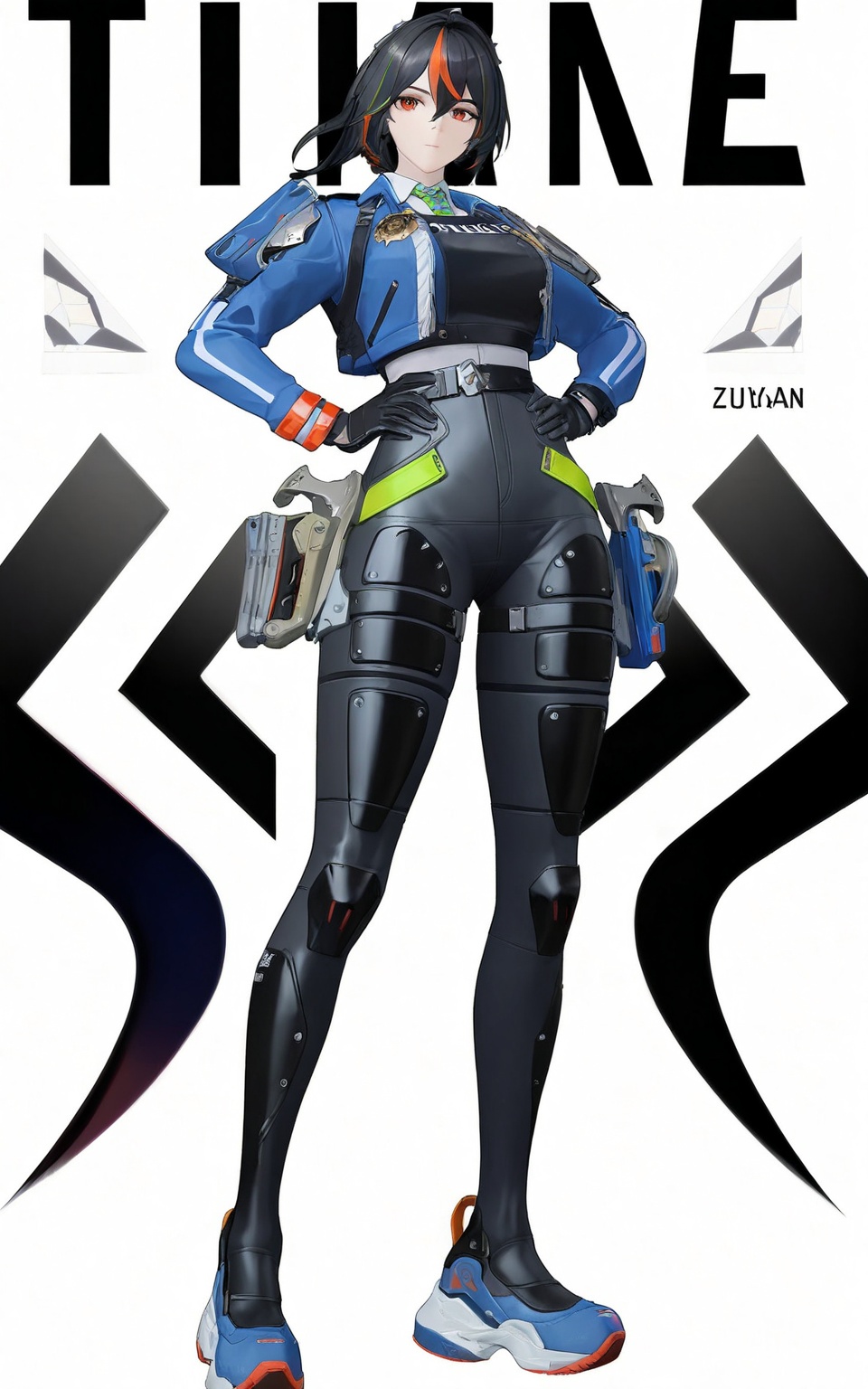 8k, best quality, masterpiece, (ultra-detailed), (high detailed skin), (white background:1.3), (full body:1.25), (white background), standing, looking at viewer, (solo:1.3), hands on hips, <lora:zhuyuan-a3-Tanger-000014:0.8>, zhuyuan, default clothes, Police combat uniforms, 1girl, multicolored hair, black hair, blue jacket, gloves, streaked hair,  (beautiful_face), ((intricate_detail)), clear face, ((finely_detailed)), fine_fabric_emphasis, ((glossy)), full_shot, 