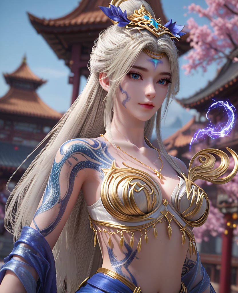 (oriental architecture, elegant decor, sophisticated style:1.1),flying in the air,supergirl,(breasts:1.2),<lora:XL16完美世界莫仙:0.95>,miss moxian,white filigree bra,white chiffon skirt,blue eyes,white hair,very long hair,hair ornament,traditional chinese updo with long front strands,facial mark,necklace,(blue tattoo:1.3),(full right sleeve:1.3),hagoromo,, zPDXL2, score_9, score_8_up, score_7_up BREAK realistic, masterpiece,best quality, highly detailed,, zPDXL3, zPDXL2,zPDXL, zPDXLxxx, zPDXLrl,