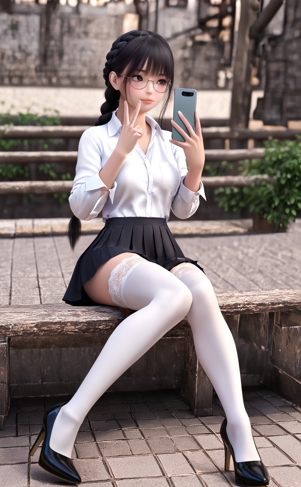 masterpiece,highres,newest,best quality,high quality,chromatic_aberration,//,3D,3d cg,1girl,solo,thighhighs,v,black hair,phone,high heels,braid,holding phone,shirt,cellphone,skirt,sitting,white shirt,holding,long hair,glasses,selfie,black footwear,smartphone,brown eyes,white thighhighs,collared shirt,bangs,pleated skirt,full body,underwear,lace-trimmed legwear,black skirt,lace trim,//,year_2023,year_2024,//,