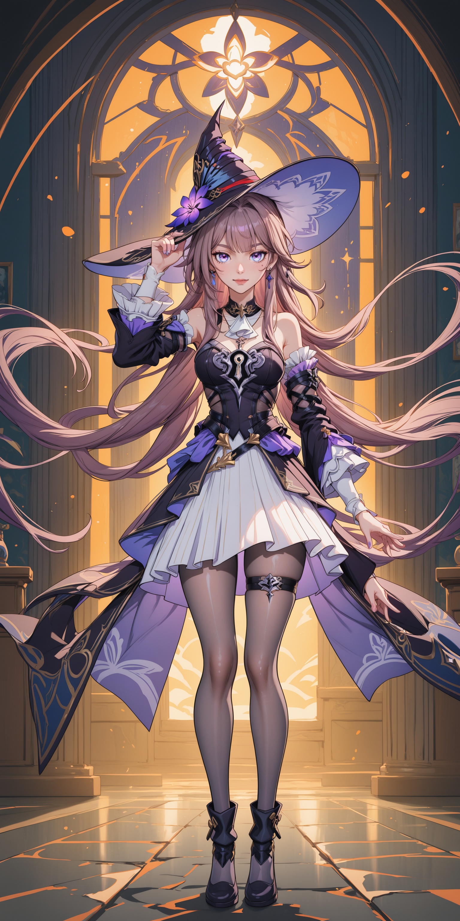 (illustration:1.1),newest,detailed background,.,.,general,.,.,1girl,grey pantyhose,shiny pantyhose,<lora:herta-noob-Tanger:0.6>,The herta \(honkai: star rail\),daherta,clothes:daheta purple witch dress,witch hat,teengirl,long hair,detached sleeves,purple eyes,earrings,jewelry,, very awa, masterpiece, best quality, highres, absurdres,