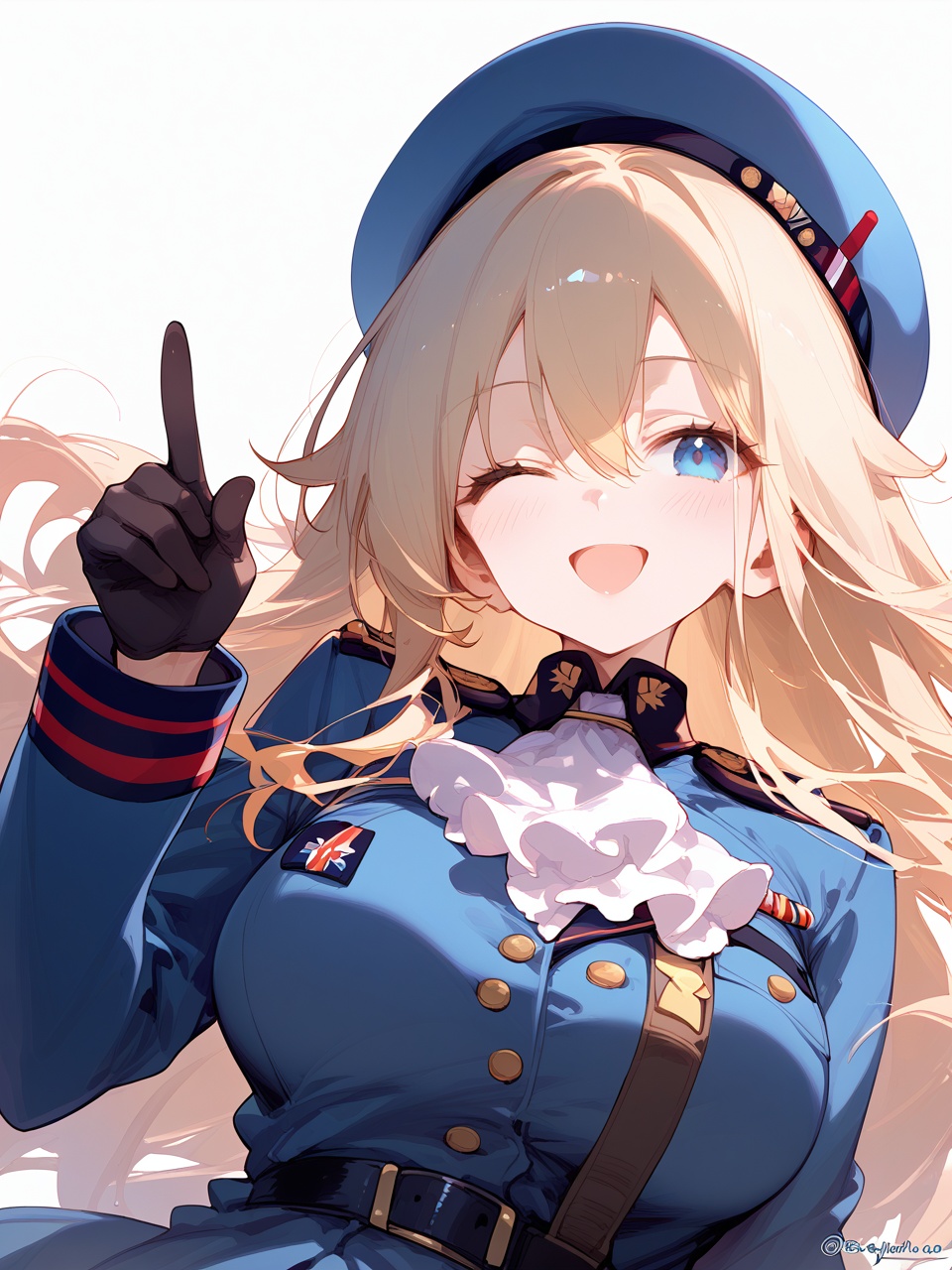 1girl,    score_9, score_8_up, score_7_up, open mouth, military, military uniform, black gloves, upper body, blonde hair, blue jacket, jacket, hat, looking at viewer, ;d, smile, beret, large breasts, one eye closed, index finger raised, blue eyes, finger to mouth, gloves, military hat, simple background, white background, long sleeves, ascot, white ascot, hair between eyes, uniform, breasts, twitter username, dated, blue headwear, solo, long hair, white headwear, hand up, blush