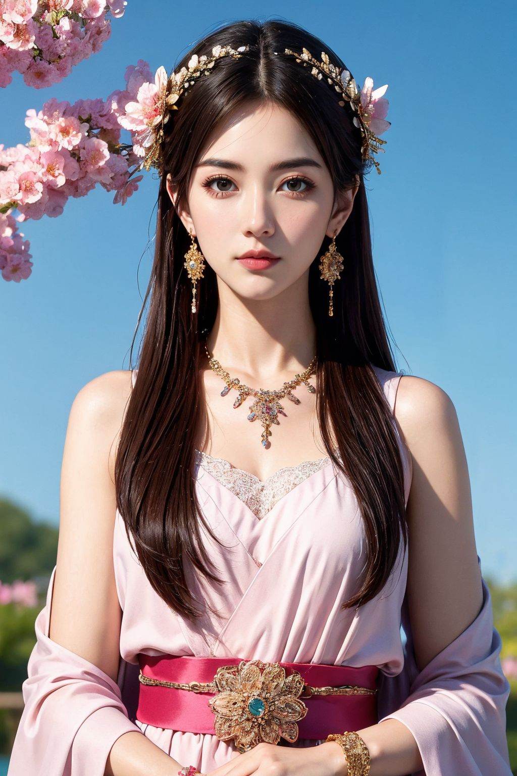 1girl, solo, long hair, pink dress, petals, jewelry, black hair, hair ornament, earrings, sky, flower, closed mouth, looking at viewer, sash, upper body, bracelet, brown hair,
