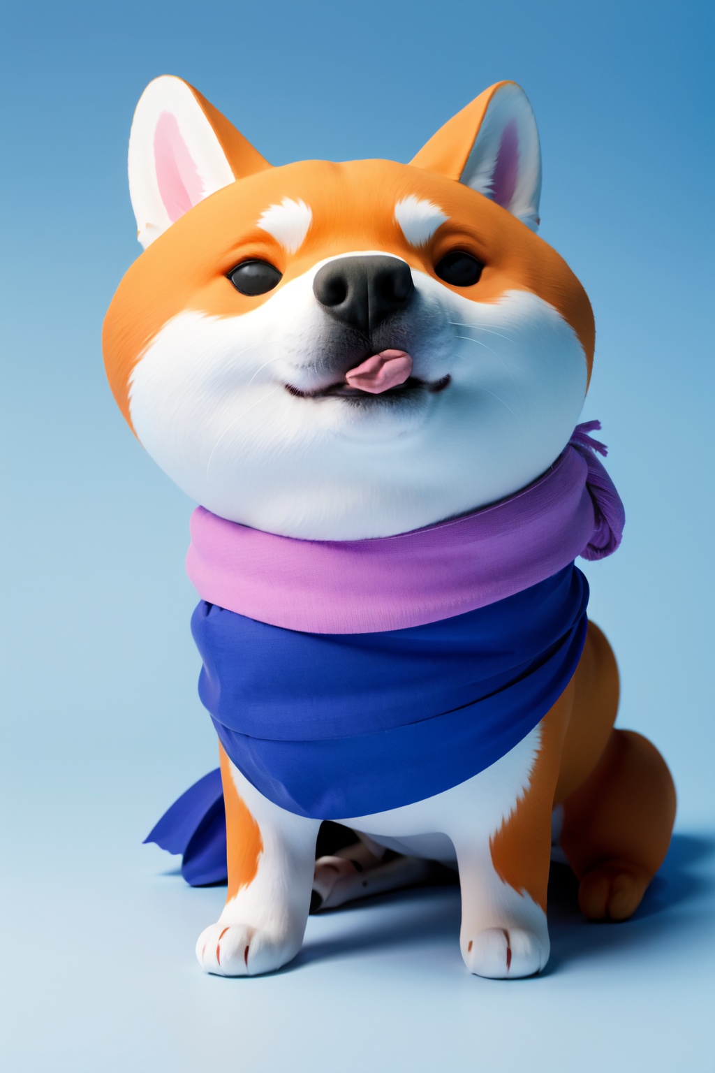 Best quality,masterpiece,ultra high res,yuan_3D_character, dog, no humans, shiba inu, tongue out, tongue, animal focus, sitting, solo, scarf, blue scarf, full body, simple background, animal, gradient background, gradient, <lora:3D_character_v1.0:0.8>,