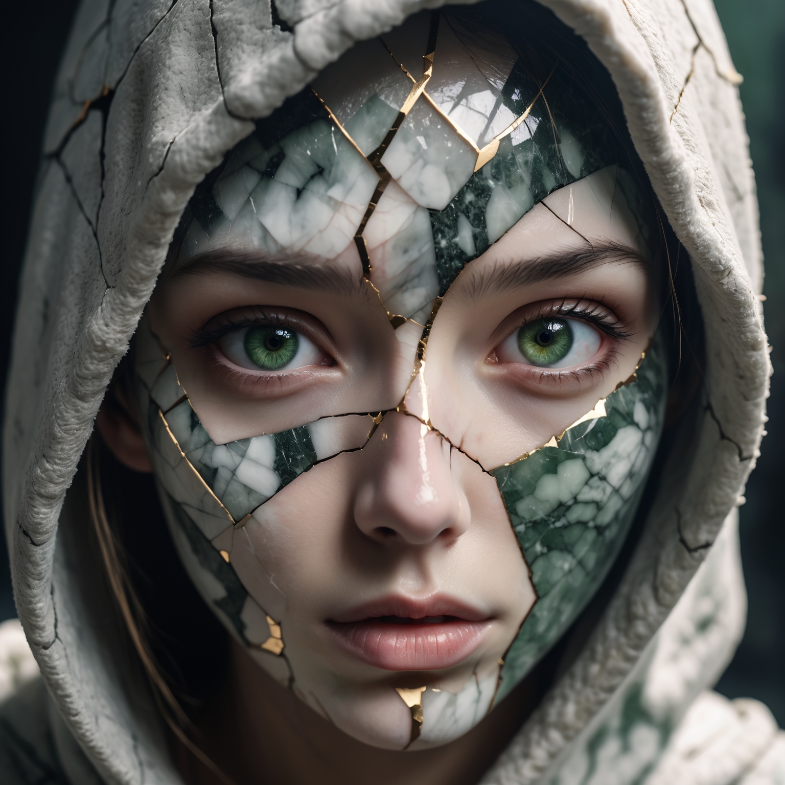photo of a woman face made from cracked marble, gray-and-green mossy marble,  otherworldly beauty, kintsugi skin,  sensual gaze, a cute face, cracked, hood, highres, 8k, intricately detailed, soft focus, soft shadows, opalescent lighting, filmic