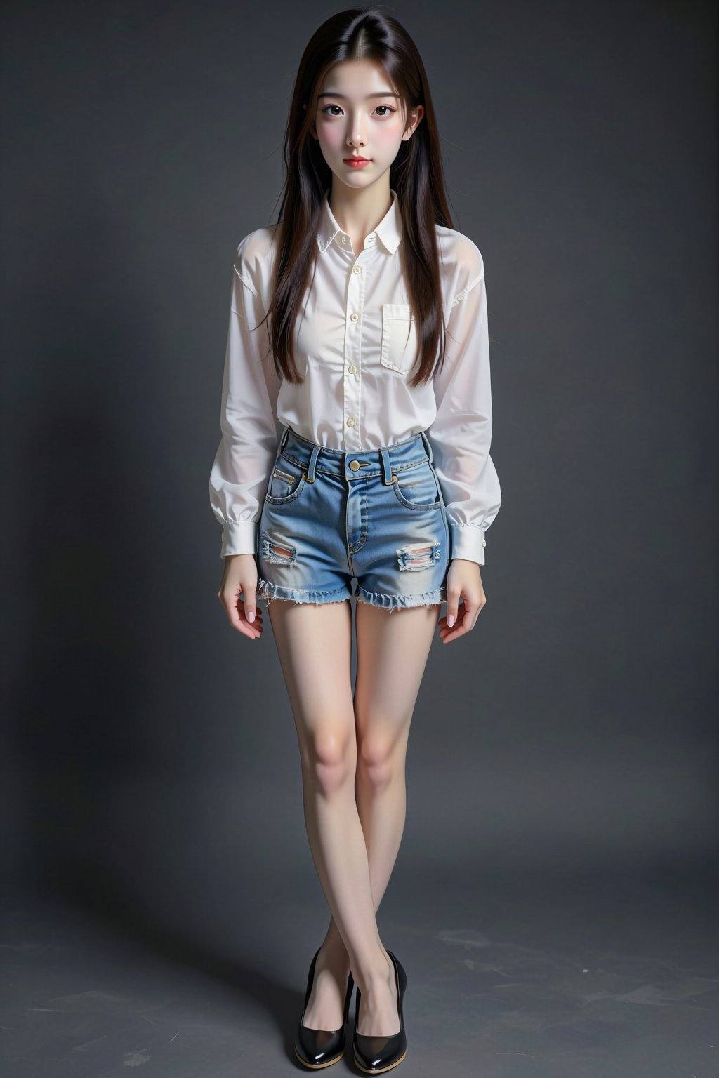 A young East Asian woman,  appearing to be in her early twenties,  stands centered in the frame against a plain on Tensor.Art
