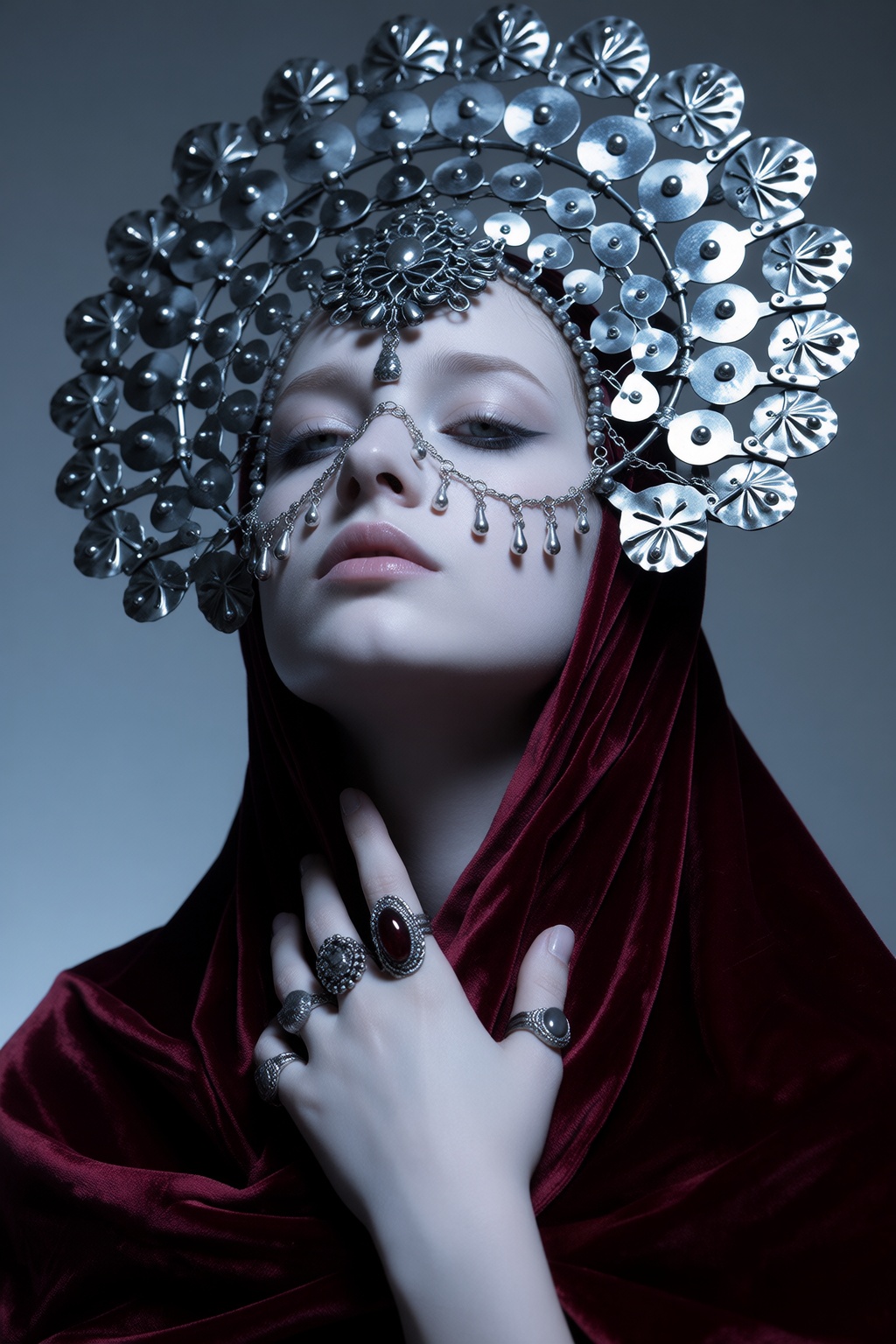avant-garde fashion portrait of a pale figure,  massive silver disc headpiece,  crimson velvet wrap on Tensor.Art