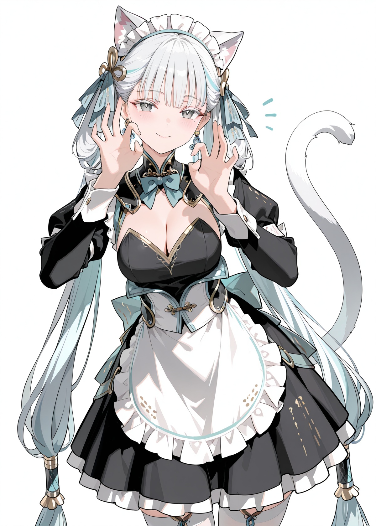 Jinhsi,Jinhsi,Simple Flat Coloring,sketch,line,simple background,white background,1girl,solo,Character front,Tempting smile,Fortune Cat Gestures,breasts,looking_at_viewer,blush,bangs,simple_background,hair_ornament,long_sleeves,white_background,White silk stockings,dress,bow,animal_ears,cleavage,tail,frills,alternate_costume,hairclip,cat_ears,bowtie,mole,apron,black_dress,cat_tail,maid,maid_headdress,white_apron,_under_mouth,maid_apron,enmaided,face detail,masterpiece,best quality,absurdres,very aesthetic,collarbone,masterpiece,best quality,amazing quality,very aesthetic,absurdres,newest,