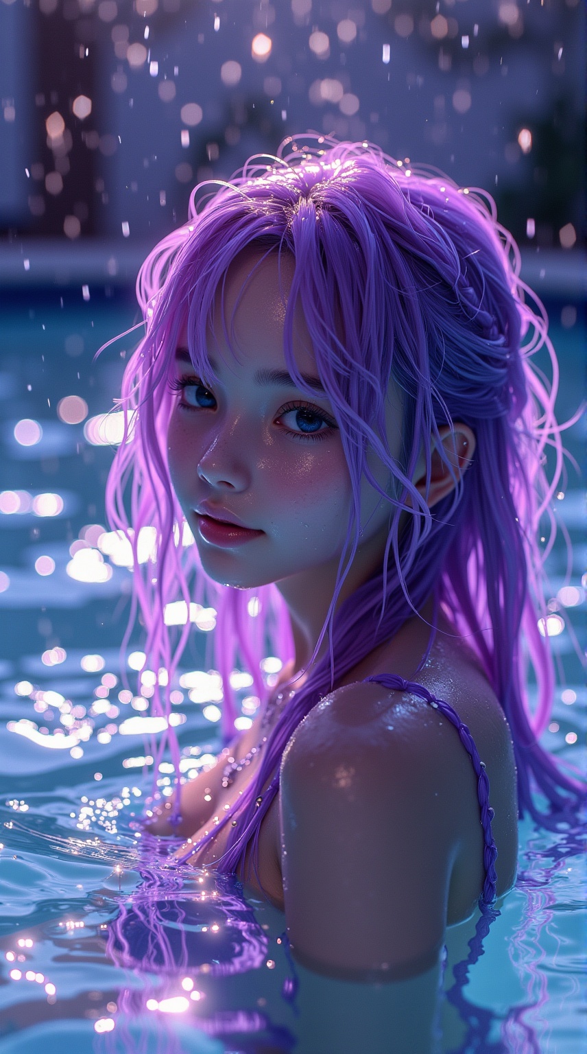 Purple girl,A young girl with vibrant purple hair,gazing into a pool of shimmering water under an ethereal light.,