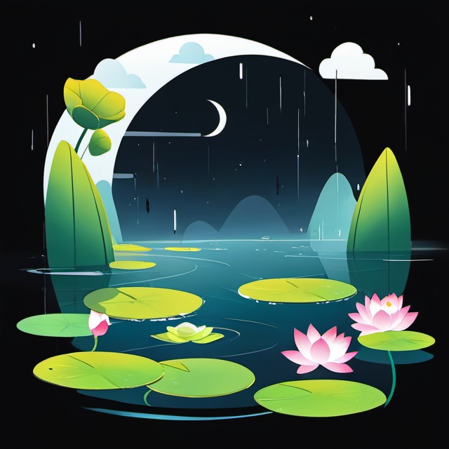 the 24 Traditional Chinese Solar Terms\(Rain Water\),flat,black background,flower,water,sweatdrop,no humans,leaf,moon,scenery,full moon,lily pad,lotus,<lora:lbc_Rain Water_XL-ts:1.2>,