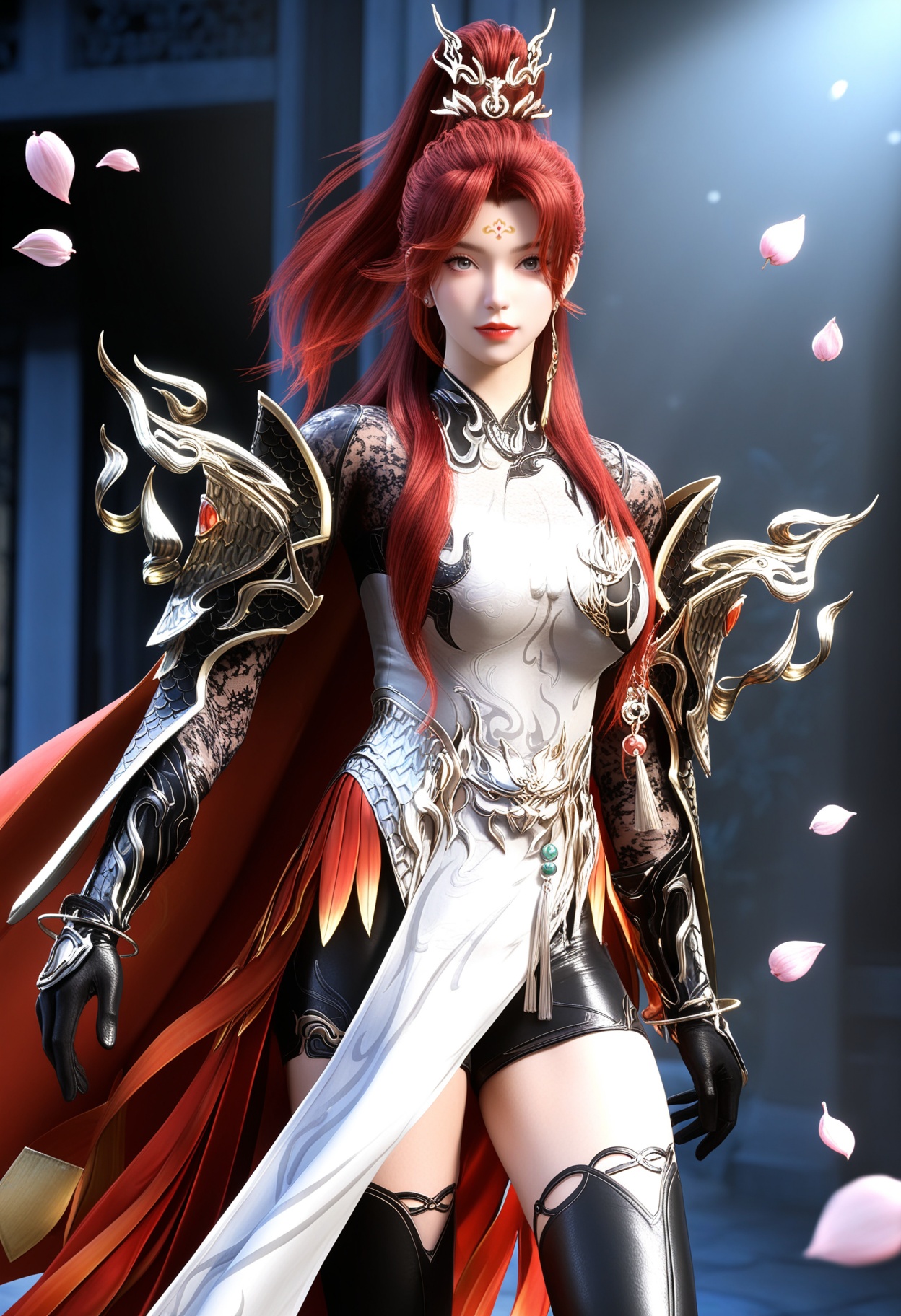 masterpiece,best quality,amazing quality,high resolution,ultra-detailed,absurdres,(looking at viewer:1.1),upper body,Dark room,moody lighting,peach blossom,falling petals BREAK large breasts,1girl,solo,long hair,red hair,jewelry,earrings,forehead mark,red lips,hair ornament,ponytail,armor,dress,chinese clothes,makeup,thighhighs,gloves,cape,blue eyes,shoulder armor,high ponytail,grey eyes,red cape,black thighhighs,thigh boots,boots BREAK photorealistic details,<lora:QQSillchiyanghuamingV1:0.8>,