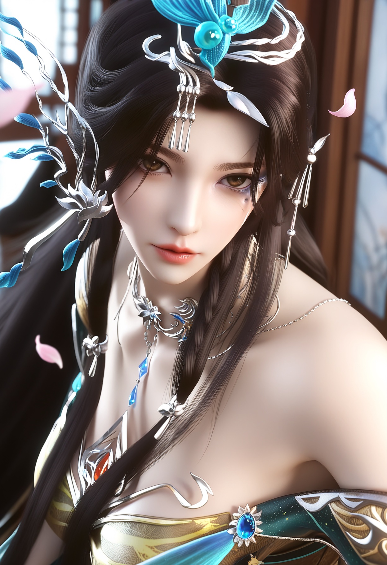 masterpiece,best quality,amazing quality,high resolution,ultra-detailed,absurdres,(looking at viewer:1.1),(upper body:1.3),indoors,(moody lighting:1.1),peach blossom,falling petals BREAK large breasts,yunwangshu,1girl,solo,long hair,jewelry,hair ornament,black hair,dress,necklace,brown hair,facial mark,brown eyes,hair bun,chinese clothes,mole under eye,shoes,anklet BREAK photorealistic details,<lora:QQSillyunwangshuV1:0.8>,