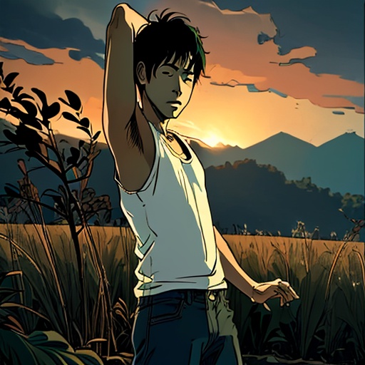 mj,<lora:mj_v1.0:0.8>,1boy,solo,masterpiece,best quality,A Green Hill Far Away,:),presenting armpit,ass focus,Stretching,against backlight at dusk,