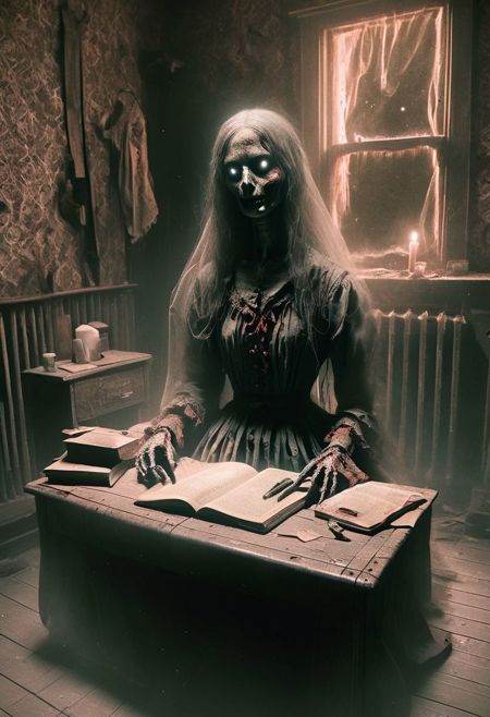 ais-crsd Zombie doll in a bedroom, bloody rags, head tilted to the side, glowing book full of spirits on the table <lora:ais-crsd-sdxl:1>