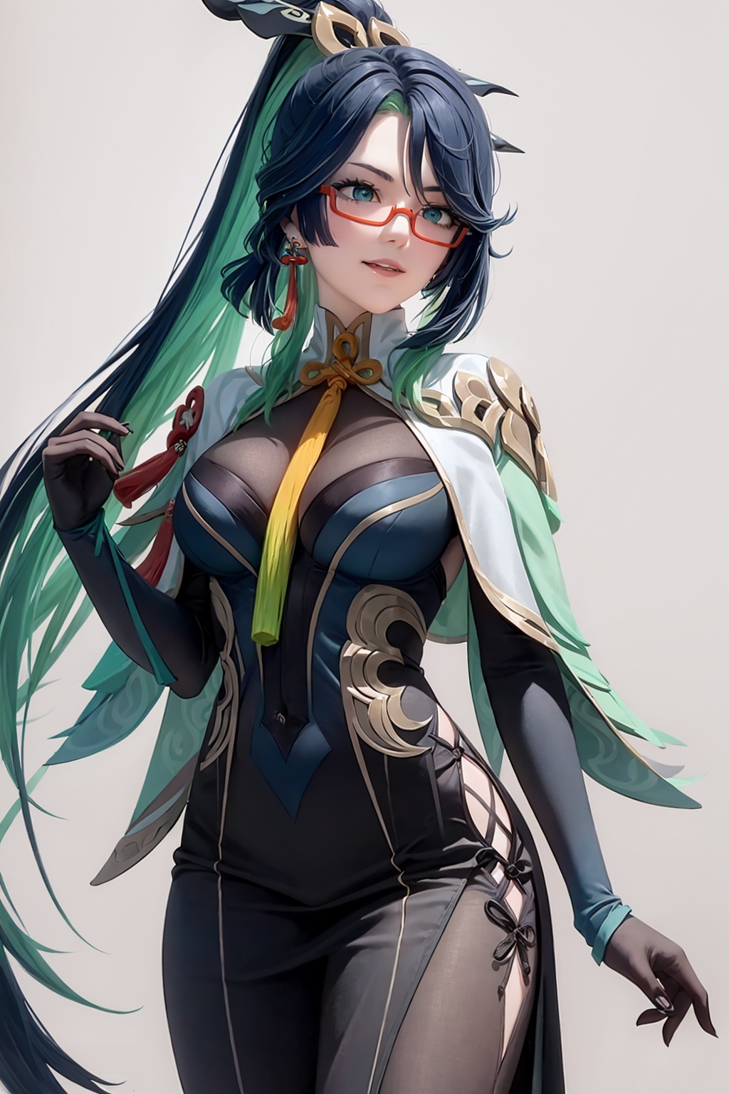 masterpiece, best quality, <lora:xianyun-v2:1>,1girl,hair ornament,multicolored hair,very long hair, ponytail,green eyes,red glasses,under-rim eyewear, earrings, tassel,jewelry, capelet, bodysuit, long sleeves, black gloves,long dress,bodystocking,hip vent, clothing cutout,grey background, cowboy shot, light smile,