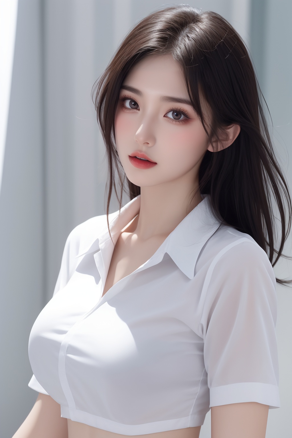 1girl, black hair, bra, bra visible through clothes, breasts, brown eyes, collared shirt, large breasts, lips, long hair, looking at viewer, nose, photorealistic, realistic, see-through, shirt, short sleeves, solo, underwear, upper body, wet clothes, wet shirt, white shirt, wing collar <lora:美女:0.8>