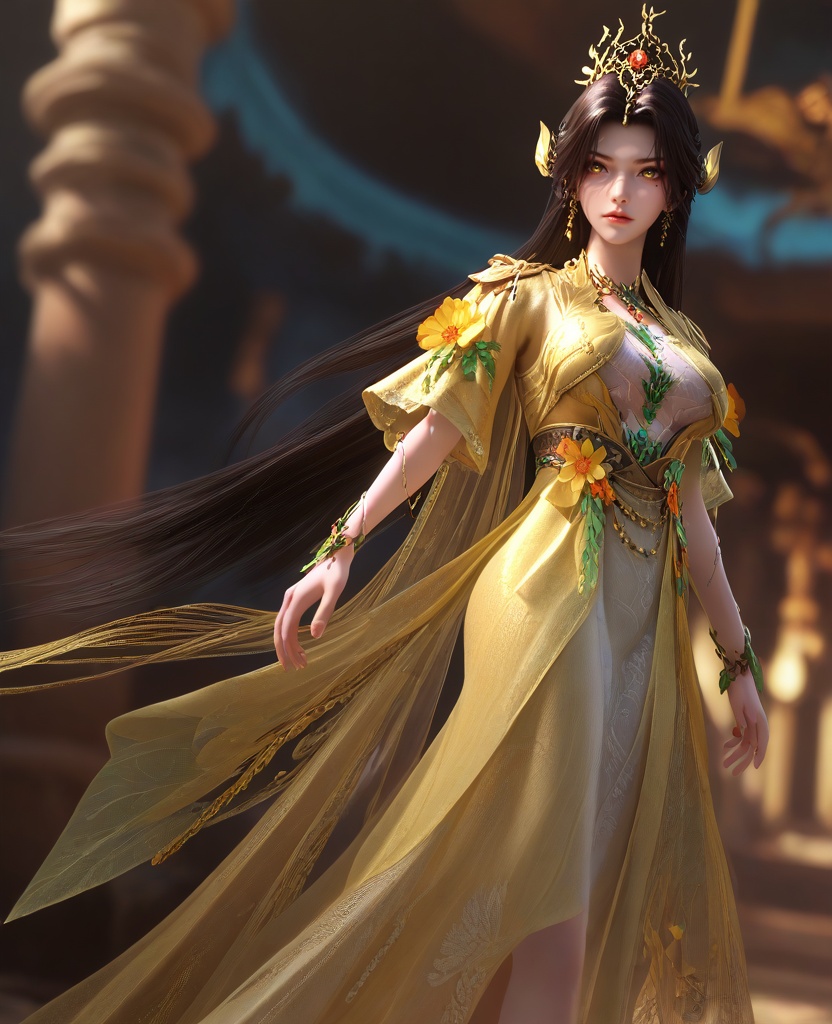 (walking,a bird standing on her hand:1.1),(large breasts:1.2),<lora:XL16云深不知梦羲和‌篆木符:0.95>,miss xihe,yellow overdress with white inner dress,white inner dress,yellow eyes,mole under left eye,black hair,absurdly long hair,hair ornament,jewelry,faux floral embellishments,vines bracelet,chain cape,, score_9,score_8_up,score_7_up,score_6_up,score_5_up,score_4_up,3d rendering,tag1,tag2, Cinematic Lighting,backlighting,