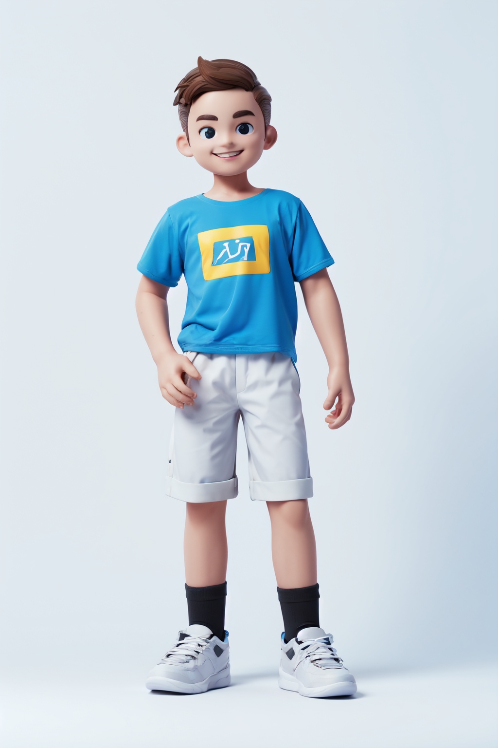 Best quality,masterpiece,ultra high res,yuan_3D_character,1boy,male focus,solo,brown hair,smile,full body,shorts,shoes,(white background:1.5),<lora:3D_character_v1.0:0.8>,