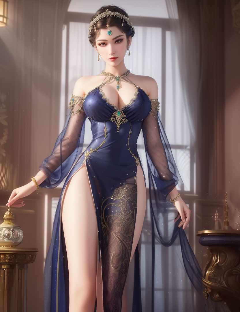 ultra realistic 8k cg, picture-perfect face, flawless, clean, masterpiece, professional artwork, famous artwork, cinematic lighting, cinematic bloom, perfect face, beautiful face, fantasy, dreamlike, unreal, science fiction,  beautiful clothes, lace, lace trim, lace-trimmed legwear,  (rich:1.4), prestige, luxury, jewelry, diamond, gold, pearl, gem, sapphire, ruby, emerald, intricate detail, delicate pattern, charming, alluring, seductive, erotic, enchanting, hair ornament, necklace, earrings, bracelet, armlet,halo((,1girl, pov,))(((,  1girl,  solo,looking at viewer, ))),(((1girl, solo, dress, jewelry,large breasts, )))<lora:DA_WhiteSnakeGreenSnake:0.7>
