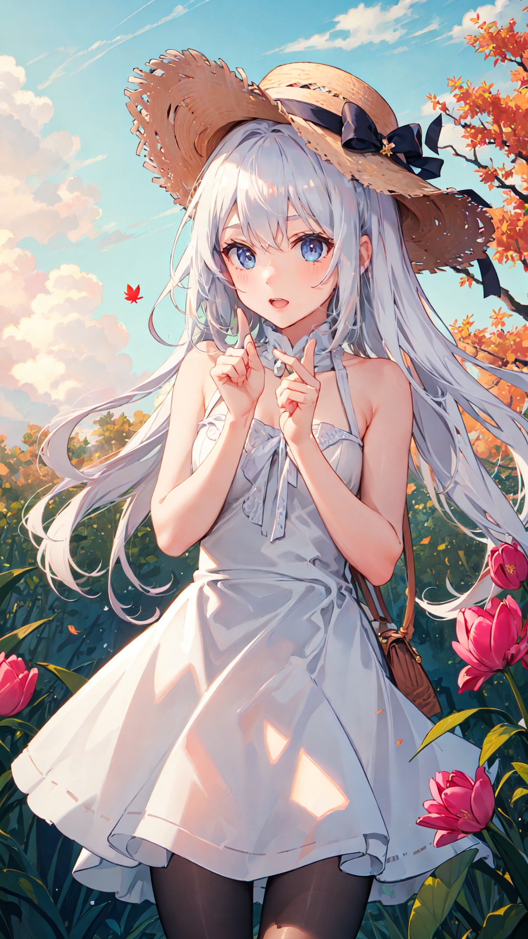 tutututu,black pantyhose,finely detail,Depth of field,(((masterpiece))),((extremely detailed CG unity 8k wallpaper)),best quality,high resolution illustration,Amazing,highres,intricate detail,(best illumination, best shadow, an extremely delicate and beautiful),1girl,hat,solo,white hair,long_hair,bare_shoulders,sleeveless,hat_flower,straw_hat,white sundress,straw hat,looking_at_viewer,Lilac eyes,Lovely face,open one's mouth,middle finger,show the middle finger,(((Tyndall effect))),dappled sunlight,cloud,flower,autumn_leaves,outdoors,autumn,blue_sky,leaf,sunset,cloudy_sky,burning,owl,maple_leaf,tulips,<lora:merged_0024:0.7>,
