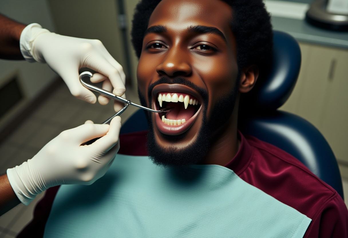 Vampyfangs1. a film still photo. 35mm. 4k. From a 2003 movie. a black Jamaican vampire and is showing off his fangs,  he i...