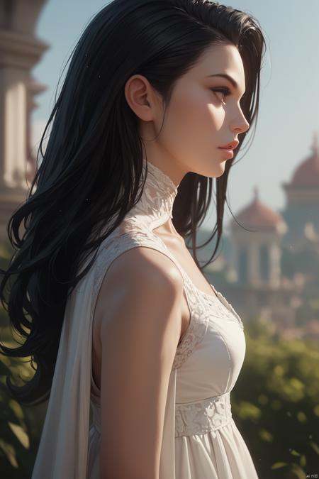 score_9,score_8_up,score_7_up,score_6_up, 1girl, solo, long hair, blurry background, blurry, black hair, lips, profile, upper body, from side, realistic, parted lips, white dress, depth of field, dress, nose, signature
