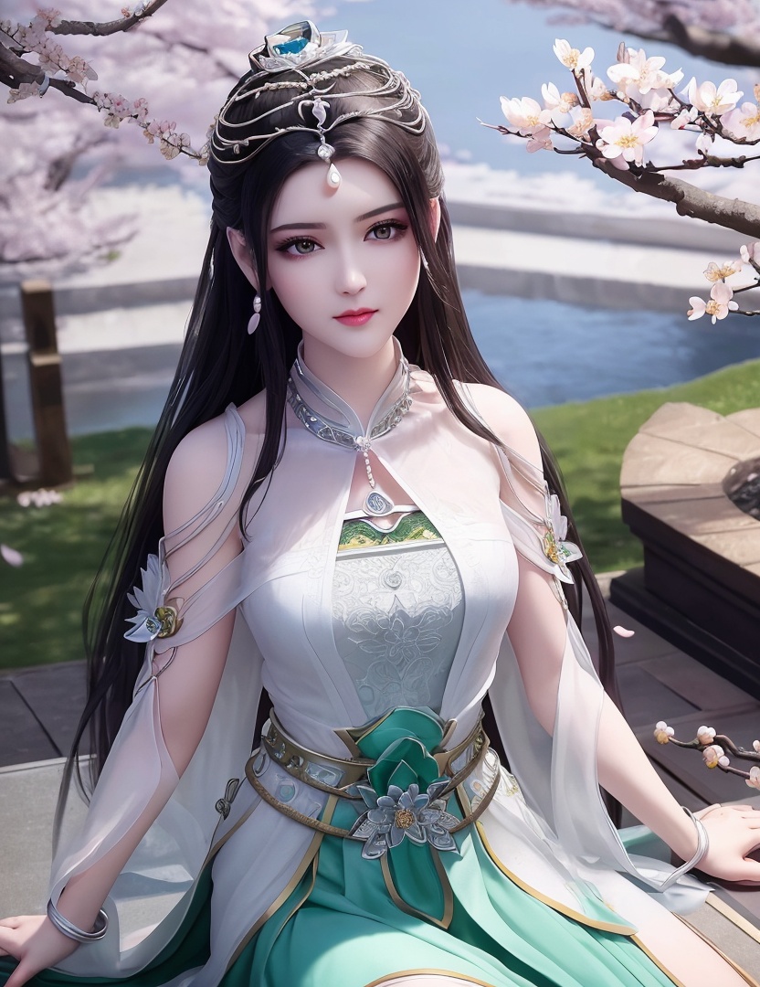 ultra realistic 8k cg, picture-perfect face, flawless, clean, masterpiece, professional artwork, famous artwork, cinematic lighting, cinematic bloom, perfect face, beautiful face, fantasy, dreamlike, unreal, science fiction,   lace, lace trim, lace-trimmed legwear,  (rich:1.4), prestige, luxury, jewelry, diamond, gold, pearl, gem, sapphire, ruby, emerald, intricate detail, delicate pattern, charming, alluring, seductive, erotic, enchanting, hair ornament, necklace, earrings, bracelet, armlet,halo((,1girl, pov,))  , ((((1girl, solo, ,cherry blossoms,outdoors, ))))<lora:DA_LinQingZhu:0.7>