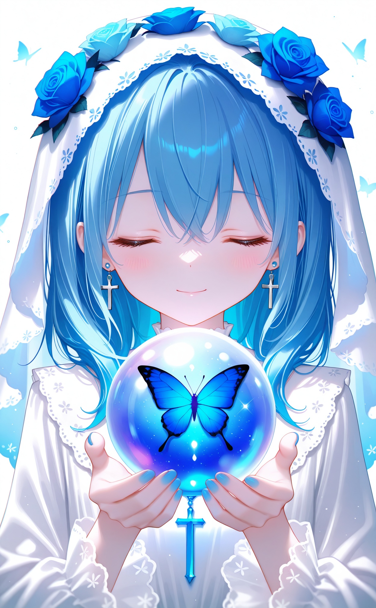 masterpiece,very aware,highres,absurdres,newest,best quality,loli,petite,high quality,chromatic_aberration,White Theme,//,1girl,veil,solo,closed eyes,butterfly,blue theme,jewelry,cross,bug,blue hair,smile,blue nails,earrings,hair between eyes,white background,closed mouth,crystal ball,dress,lace trim,upper body,holding,flower,simple background,sparkle,facing viewer,nail polish,rose,lace,blue flower,cross earrings,long sleeves,lace-trimmed dress,blurry,blush,blue rose,long hair,orb,fingernails,white dress,medium hair,light particles,bridal veil,blue butterfly,eyelashes,depth of field,lace-trimmed sleeves,straight-on,frills,hair over shoulder,sidelocks,white veil,glowing butterfly,//,photorealistic,Artist:na-ga,(quasarcake:0.2),(wanke:0.9),[Artist:chen bin],Artist:tidsean,[Artist:sk (askzy)],(artist:tokkyu:0.5),(artist:momoko (momopoco):0.5),Artist:himitsu_(hi_mi_tsu_2),//,<lora:shaoyan2——【noob】hans:0.7>,<lora:PVC5——【noob】hans:0.4>,