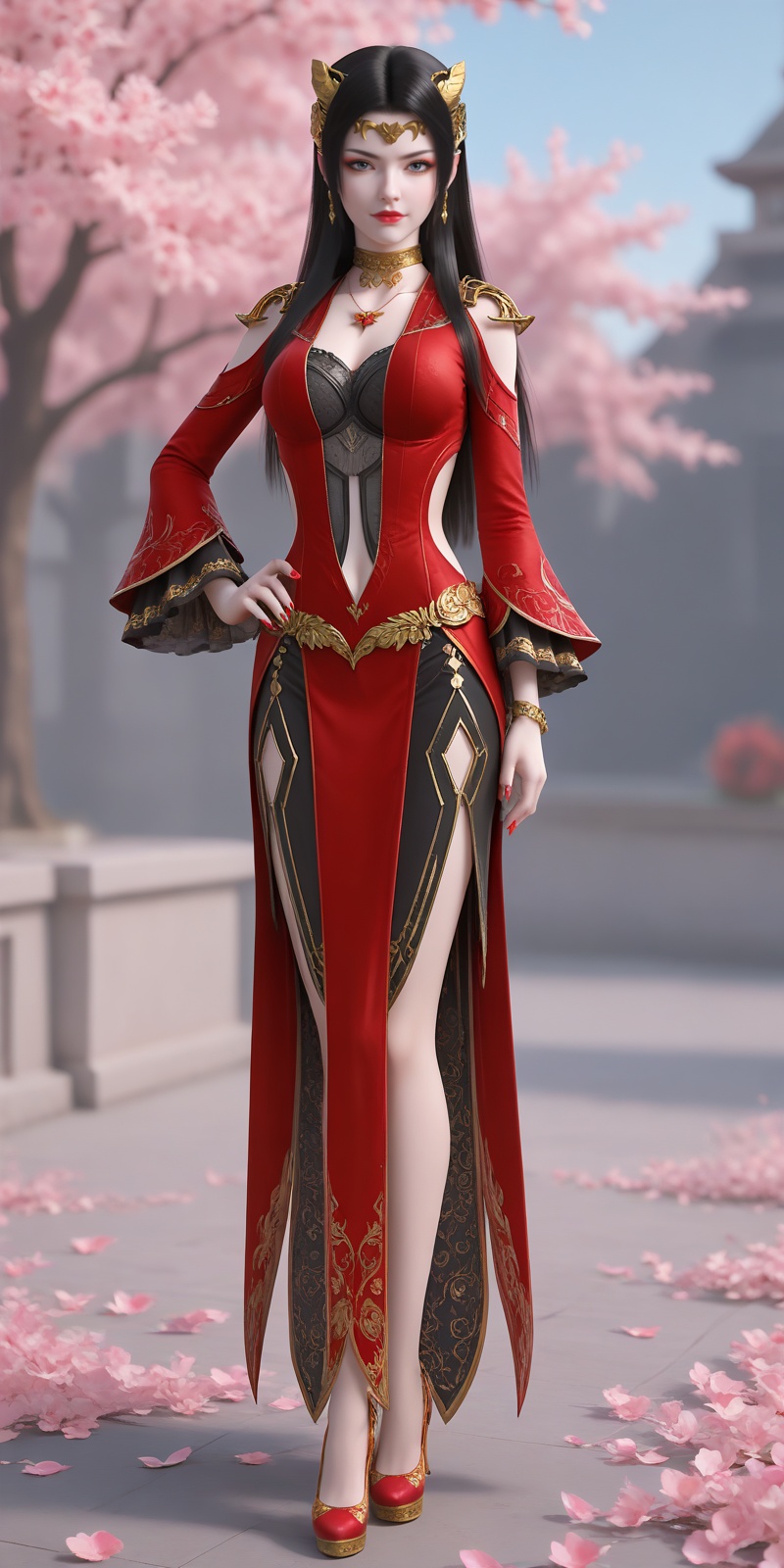 <lora:美杜莎pony-000013:0.6>,meidusha,1girl,solo,jewelry,dress,black hair,red dress,full body,clothing cutout,long hair,earrings,hand on own hip,red footwear,breasts,high heels,red nails,necklace,navel cutout,hair ornament,standing,looking at viewer,navel,depth of field,masterpiece,best quality,very aesthetic,2024,2023,perfect composition,ultra-detailed,extreme aesthetic,(quasarcake:0.7),masterpiece,best quality,good quality,newest,year 2024,year 2023,very aesthetic,absurdres,looking_at_viewer,colorful,