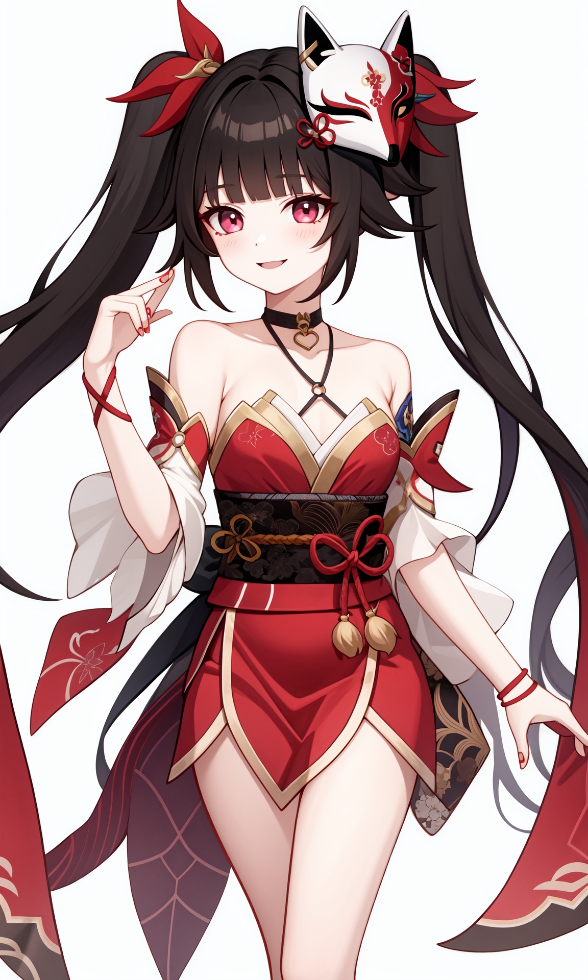 sparkle \\\(honkai: star rail\\\),1girl,solo,mask,twintails,black hair,long hair,fox mask,smile,japanese clothes,bare shoulders,kimono,choker,bangs,<lora:花火-000020:1>,, 1girl,,  (masterpiece,best quality:1.2),absurdres