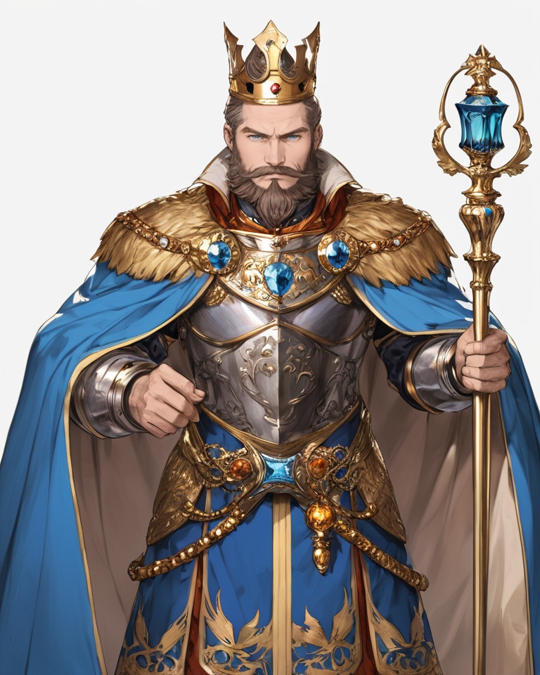(best quality), ((masterpiece)), (highres), illustration, original, extremely detailed, <lora:JTのGame Character XL:0.7>1boy, crown, solo, facial hair, male focus, ring, beard, scepter, cape, jewelry, full body, mustache, white background, armor, blue eyes