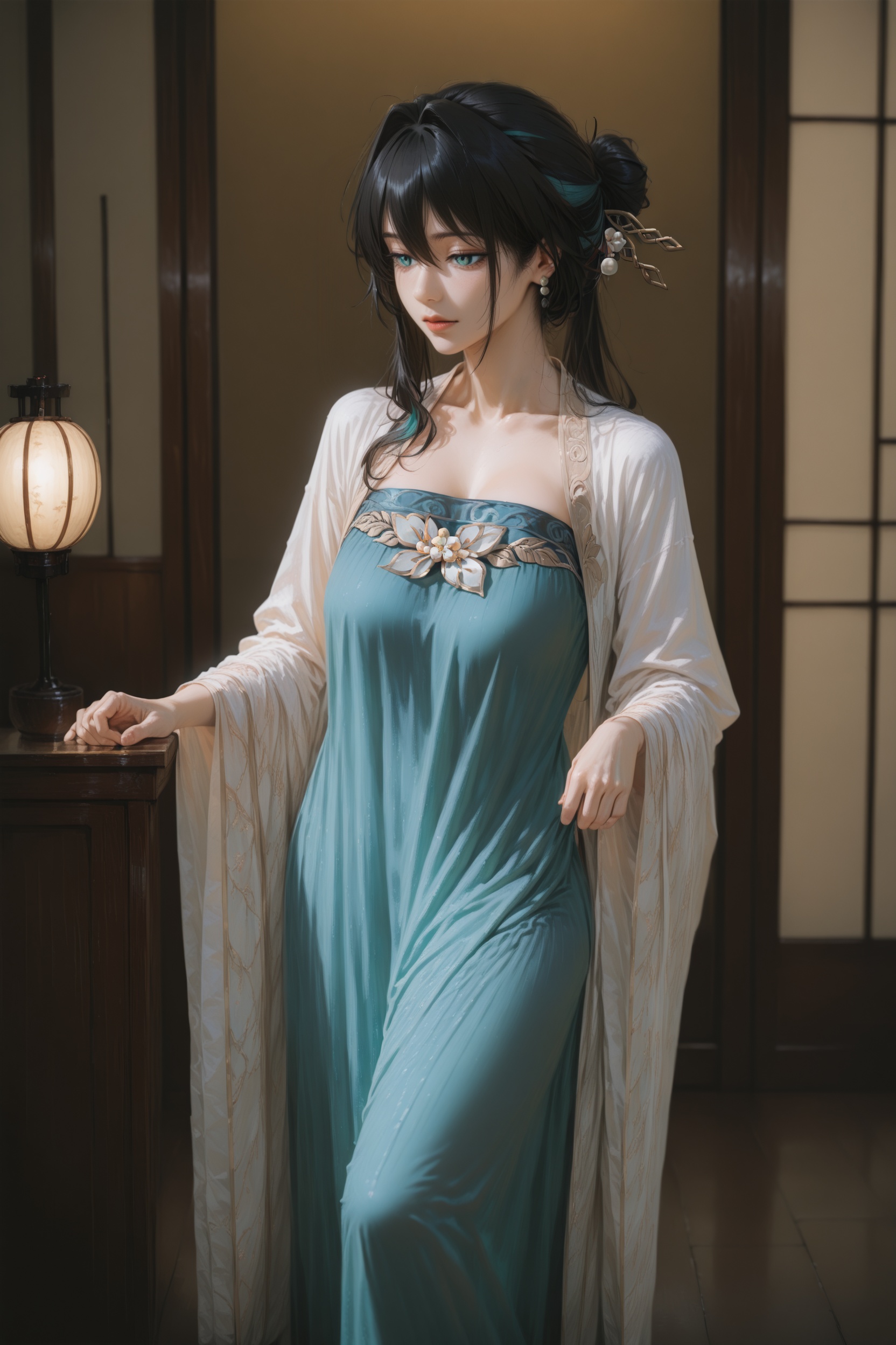 (illustration:1.1),hxxg,(wlop:0.7),.,.,.,.,1girl,feet out of frame,ruan mei \(honkai: star rail\),jewelry,indoors,standing,traditional chinese hanfu,long dress,, very aesthetic, masterpiece, highres, absurdres,