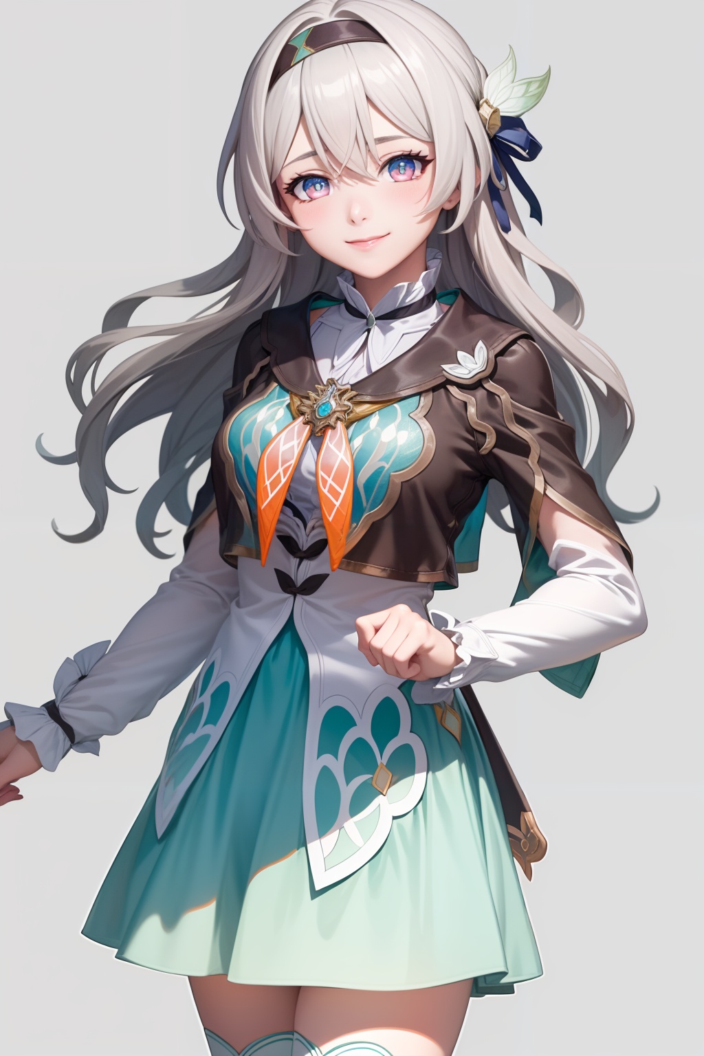 masterpiece, best quality, <lora:firefly-v2-kozue:1>,1girl, solo,grey hair, long hair,hair ornament,black hairband, blue eyes, long sleeves, green skirt,green thighhighs,cowboy shot, grey background, smile,closed mouth,blush
