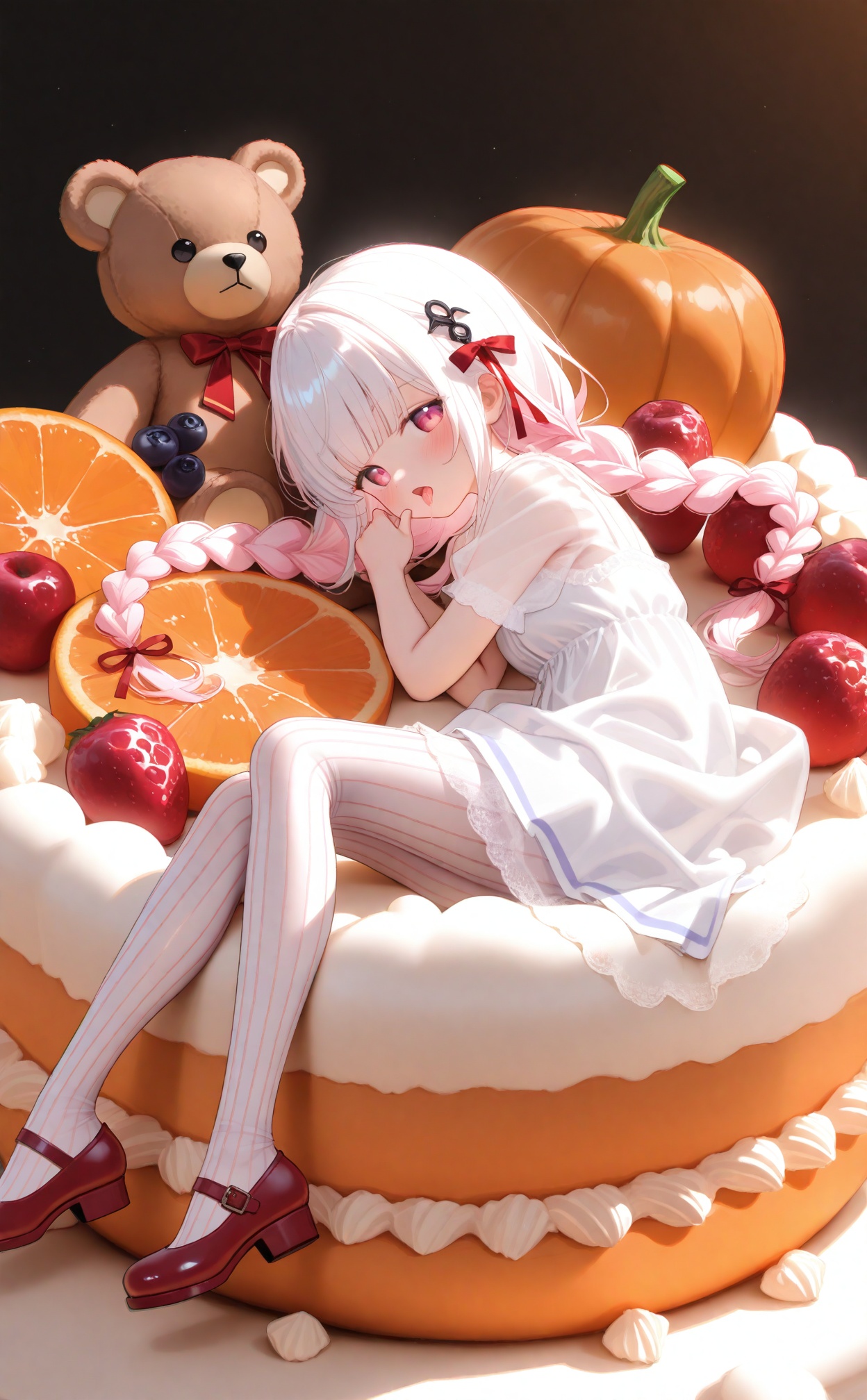 masterpiece,absurdres,best quality,high quality,chromatic_aberration,loli,1girl, food, solo, blueberry, long hair, lying, dress, on back, fruit, stuffed animal, striped clothes, stuffed toy, pantyhose, striped pantyhose, braid, chocolate, shoes, orange slice, ribbon, orange (fruit), purple eyes, vertical-striped pantyhose, vertical-striped clothes, teddy bear, sweets, candy, looking at viewer, hair ribbon, white hair, raspberry, twin braids, bow, mary janes, red footwear, food-themed clothes, strawberry, oversized object, underwear, pink hair, cherry, blunt bangs, very long hair, in food, lace, panties, pink eyes, berry, open mouth, see-through, eating, orange theme, halloween, hair bow, pumpkin, breasts, licking, hair ornament, cake<lora:Lifel-000030:1>