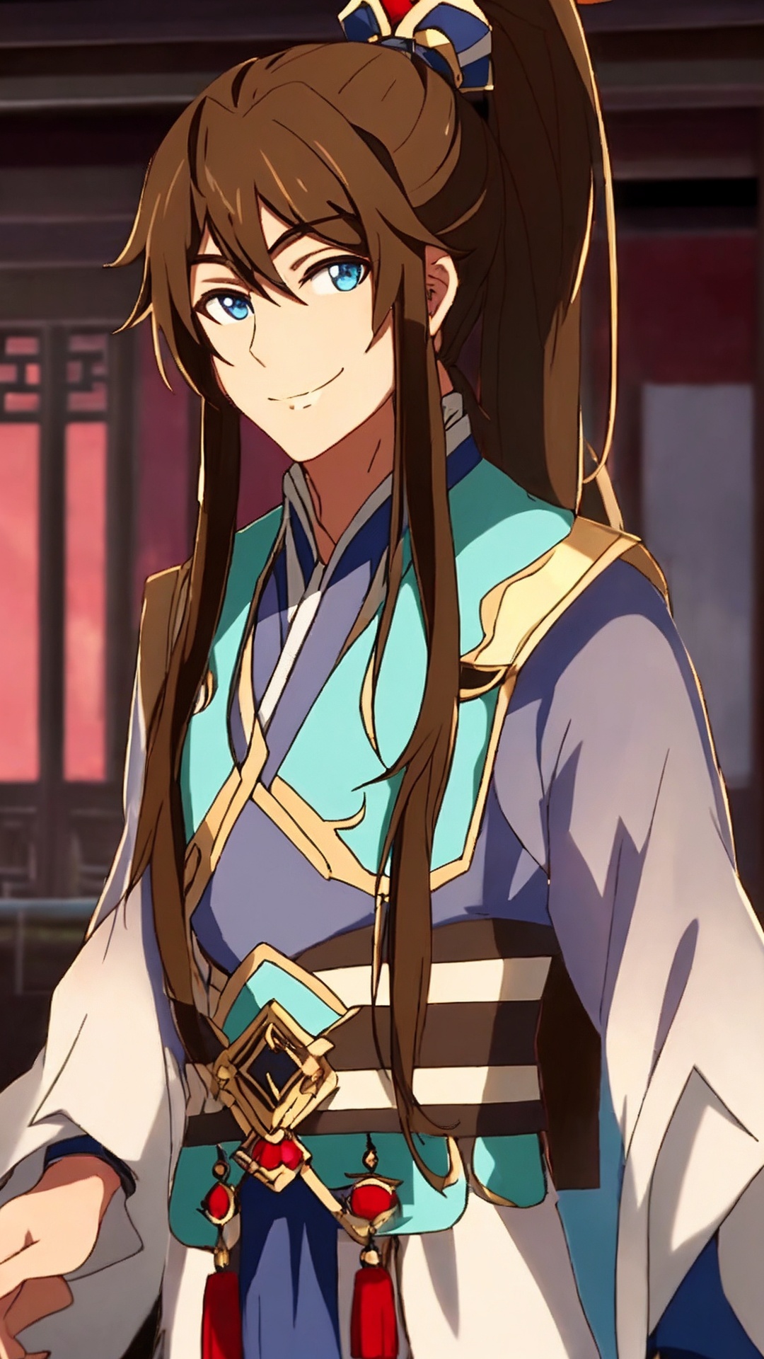 1boy, male focus, solo, long hair, blue eyes, brown hair, smile, ponytail, upper body, hair ornament, high ponytail, chinese clothes<lora:boy baixiaochun_20240911193625:0.7>,
