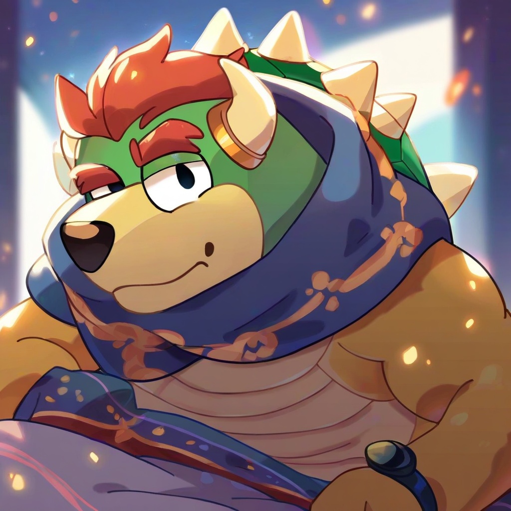 safe_pos, score_9, score_8_up, score_7_up, score_6_up, score_5_up, score_4_up, source_furry, hi res, bedroom, blurred background, particles, solo, Bowser, looking at viewer, closed mouth, male, muscular, Bluey style