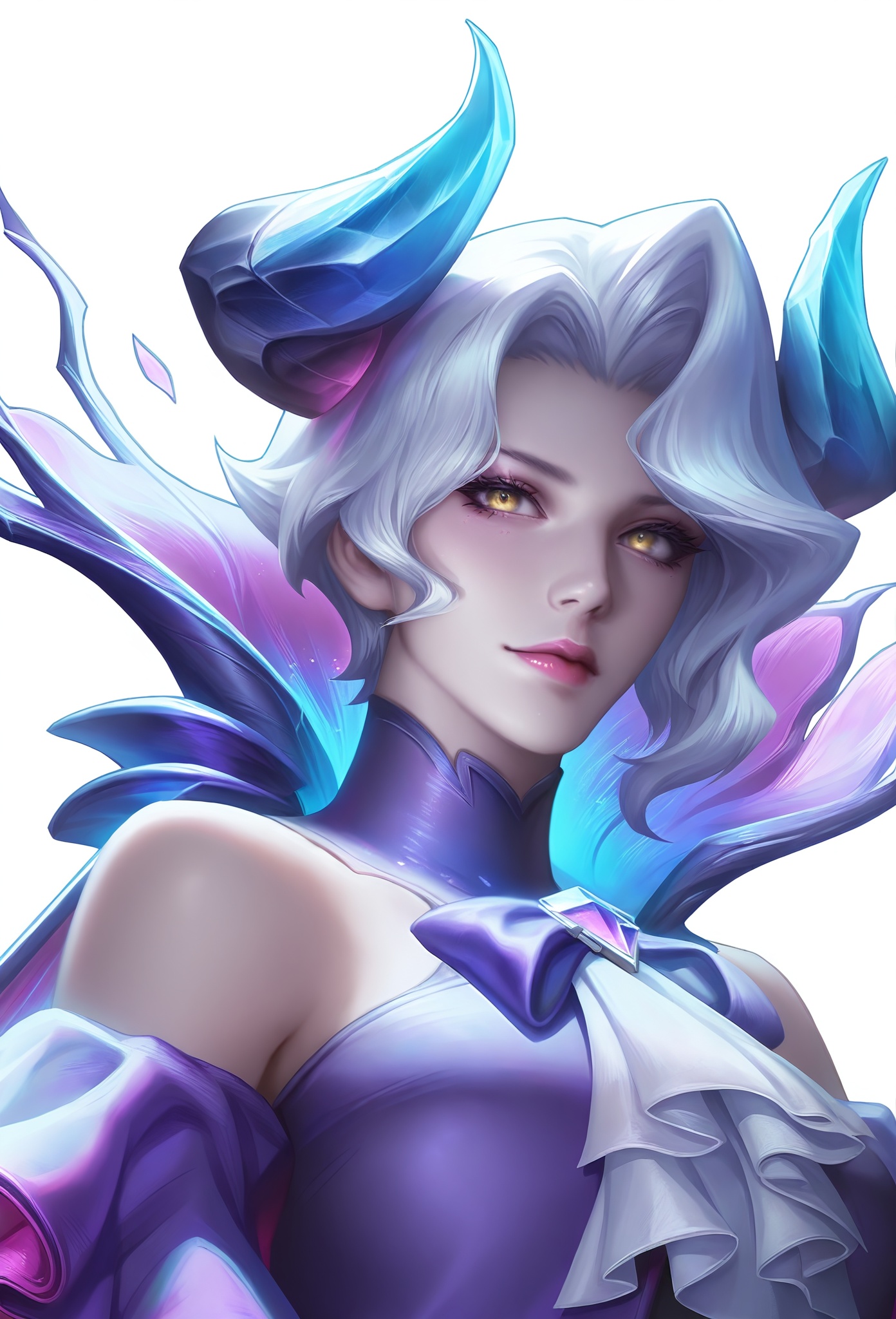 Kuze\(mld\)\(wzry\),simple background,white background,(front view:1.2),upper body,look at viewer,realistic,1girl,solo,white hair,short hair,horns,blonde eyes,turtleneck,bare shoulders,elaborate asymmetrical cape,purple romper,detached sleeves,ruffled sleeves,gradient elbow gloves,