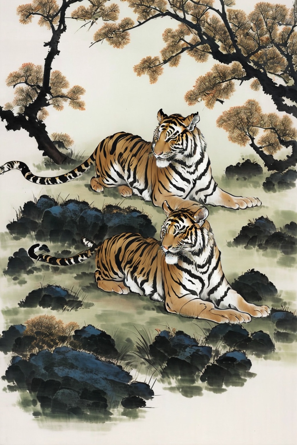 <lora:AgainChineseInkPainting:1>,AgainChineseInkPainting, tiger, no humans, animal focus, year of the tiger, branch, animal, traditional media, tree, looking at viewer, chinese ink painting, lying, border, chinese zodiac, rock, on side, white background, white tiger, full body, sleeping, painting \(medium\)