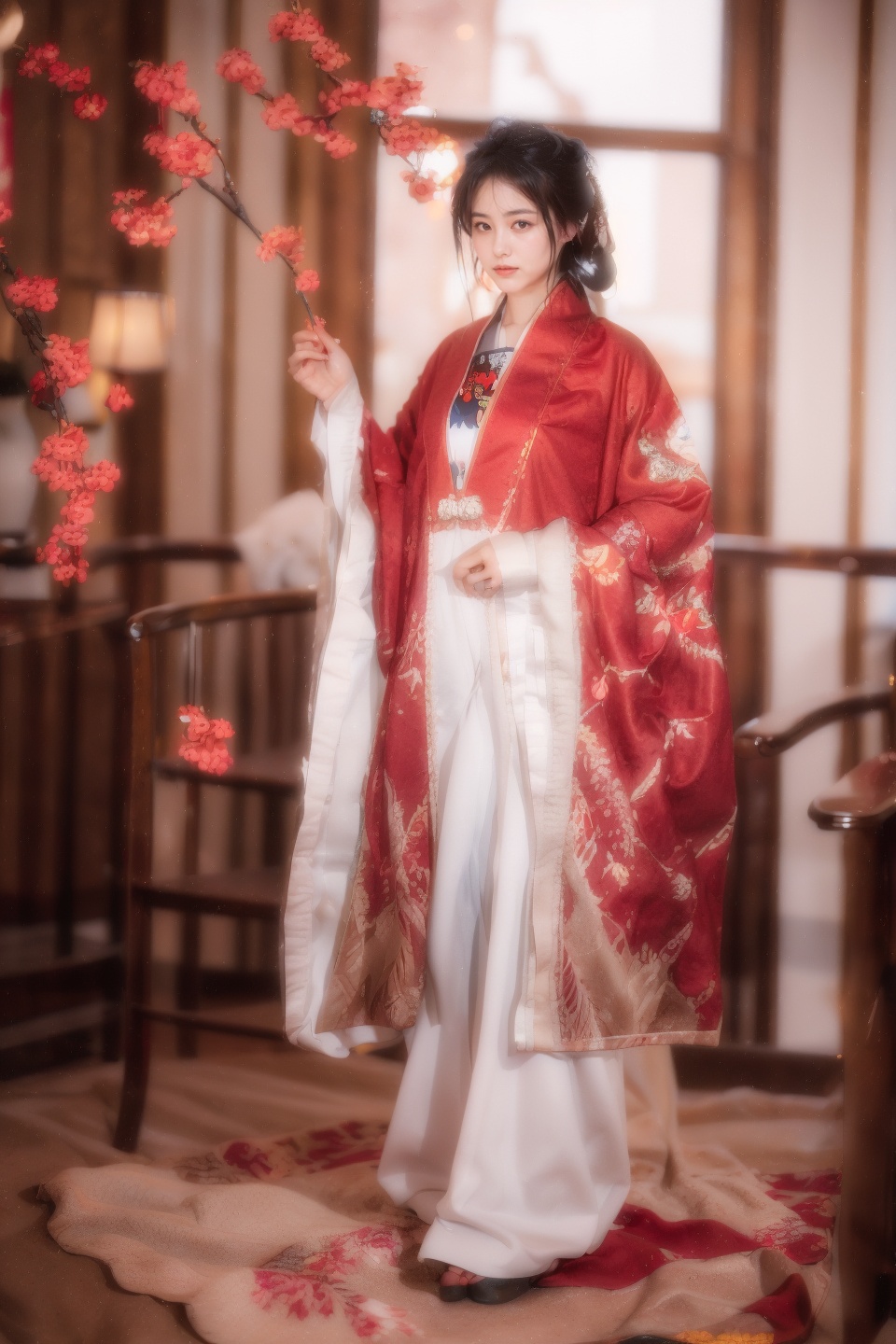 masterpiece,best quality,ultra high res,<lora:aw13xin_lora:1>,chinese clothes,hanfu,<lora:13honghanfu:1>,1girl,looking at viewer,gigantic_breasts,yosshi film,Watercolor painting,lily patterns,white and light pink colors,layered flower shapes,delicate leaves and branches,spacious composition,Eastern and Western fusion,artistic elegance,