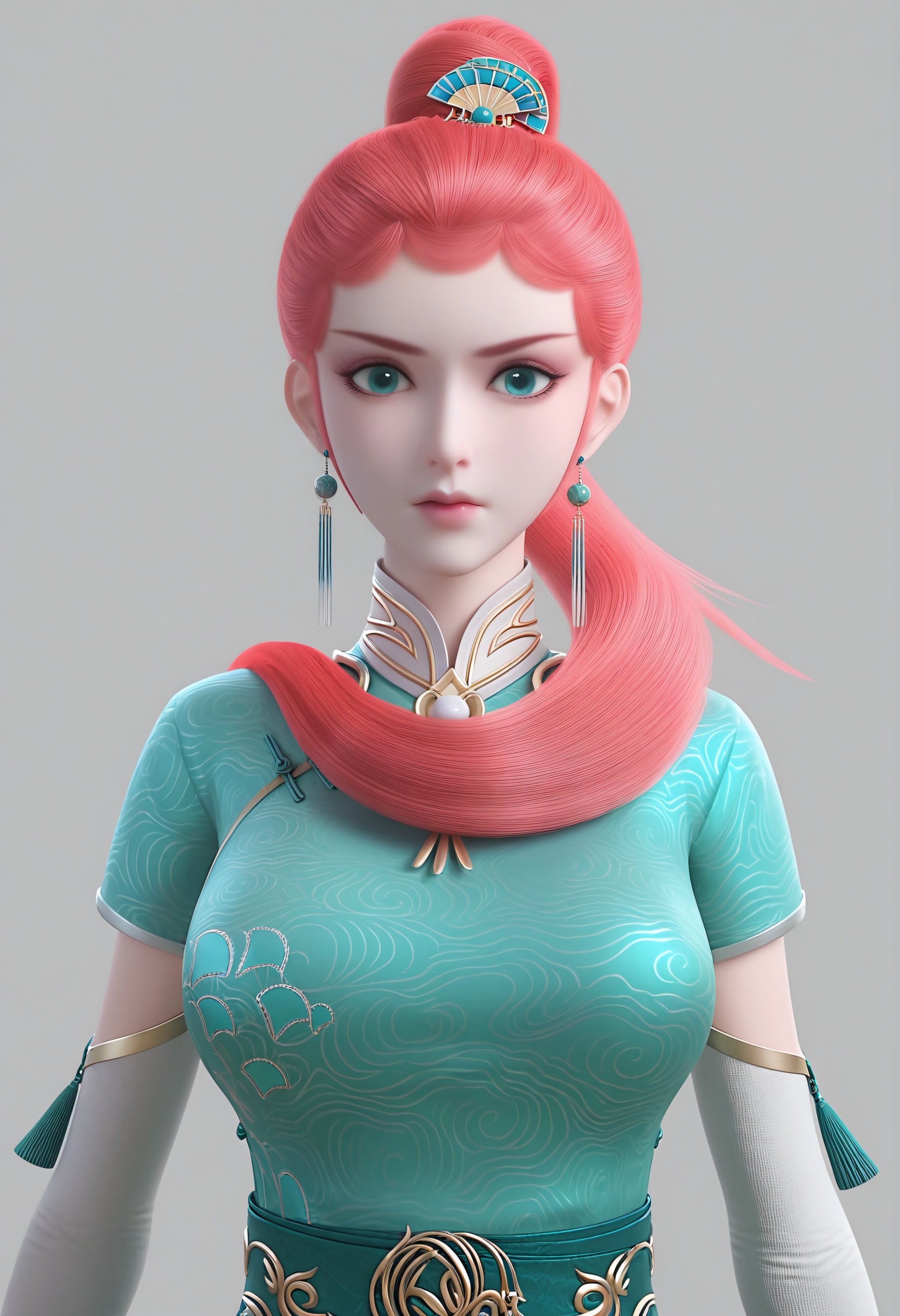 (score_9),<lora:龙羽音-Apony:0.85>,cocked eyebrow,longyuyin,1girl,solo,pink hair,aqua eyes,tassel earrings,long hair,hair ornament,high collar,china dress,elbow gloves,jewelry,tassel,belt,sash,<lora:perfect-eyes:0.8>,(front view:1.1),female,glamor,collarbone,puffy breasts,pointy_breasts,large breasts,simple background,<lora:e色温:0.5>,<lora:Expressive_H:0.8>,<lora:e肤色滑块:0.5>,