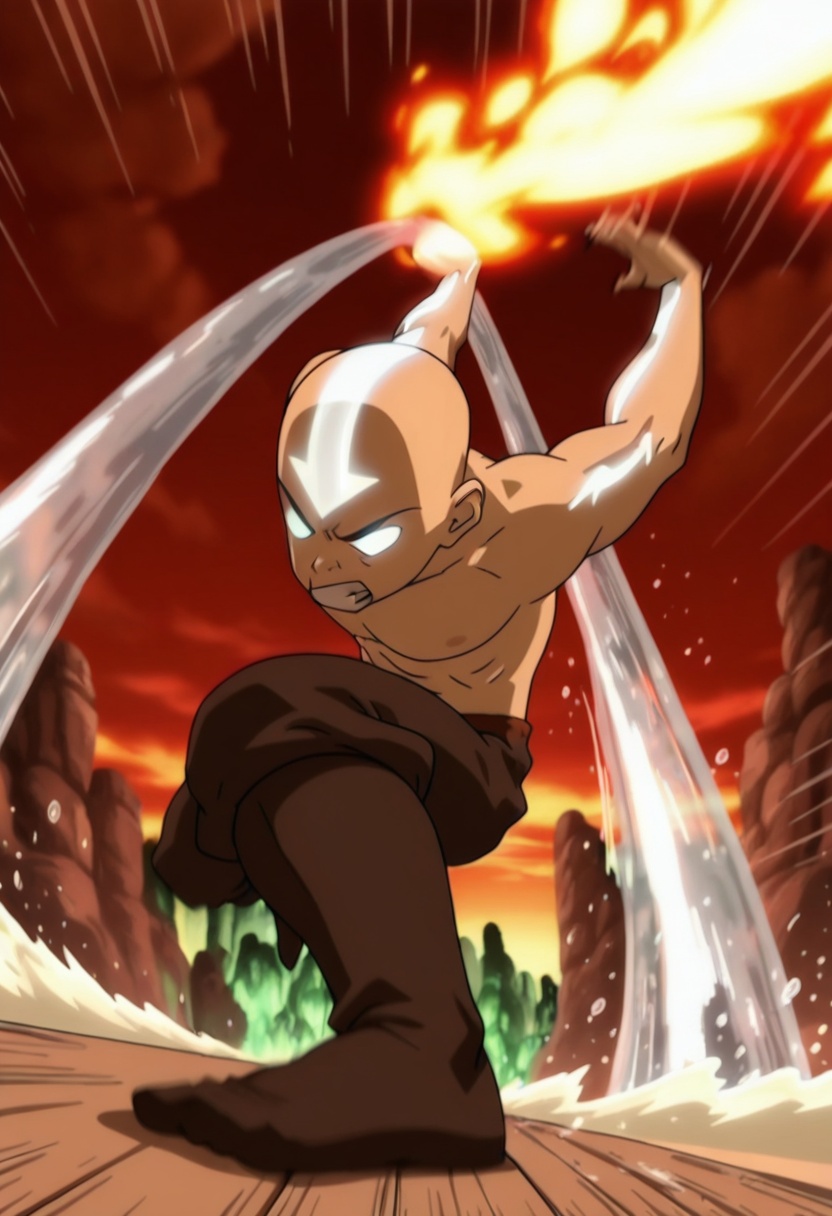 In the avatar TV animation style,  Avatar_State_Aang,  in the avatar state on Tensor.Art