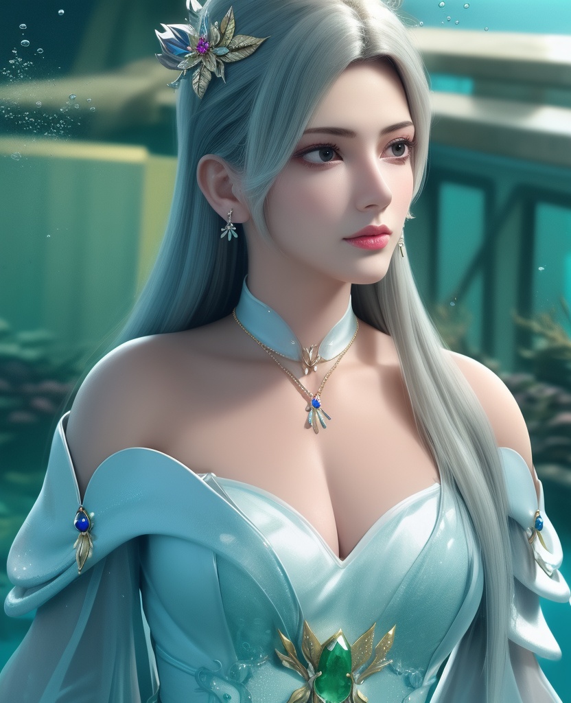 <lora:584-DA-星辰变-白灵:0.8>(,1girl, ,best quality, ),looking at viewer,masterpiece, ((((, solo,  , ,solo focus, ,underwater, )))) ,ultra realistic 8k cg,   clean, masterpiece,     cinematic lighting, cinematic bloom,  (( , )),, , unreal, science fiction, luxury, jewelry, diamond, gold, pearl, gem, sapphire, ruby, emerald, intricate detail, delicate pattern, charming, alluring, seductive, erotic, enchanting, hair ornament, necklace, earrings, bracelet, armlet,,(cleavage),