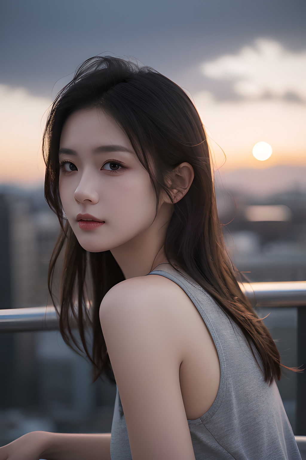<lora:0809_01:0.7>,Frontal photography,Look front,evening,dark clouds,the setting sun,On the city rooftop,A 20 year old female,Black top,Black Leggings,black hair,long hair,dark theme,muted tones,pastel colors,high contrast,(natural skin texture, A dim light, high clarity) ((sky background))((Facial highlights)),, 1girl,realistic,masterpiece, best quality, photorealistic, HDR,detail