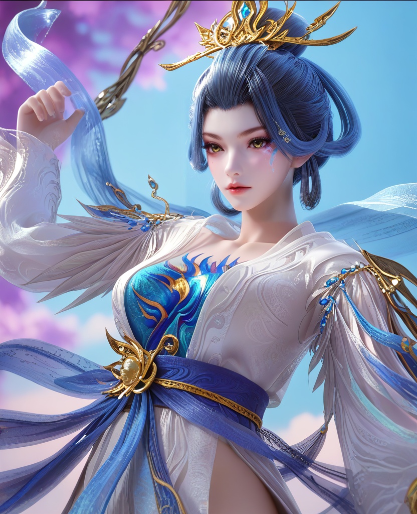 (martial arts flying roundhouse kick:1.1),(large breasts:1.2),<lora:XL16云深不知梦烛照神女:0.95>,miss zhuzhao,white hanfu coat over blue base dress,hagoromo,yellow eyes,eyelashes,facial mark,blue hair,looped bun with tresses,hair ornament,jewelry,elbow gloves,, score_9,score_8_up,score_7_up,score_6_up,score_5_up,score_4_up,3d rendering,tag1,tag2, Cinematic Lighting,backlighting,