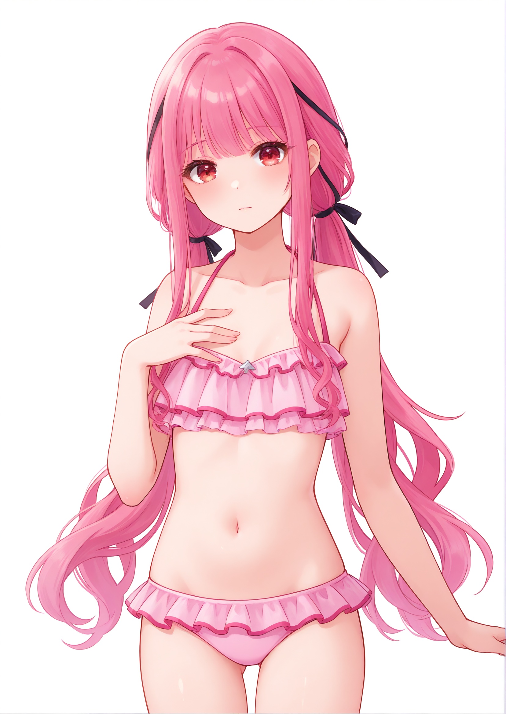 <lora:暖暖cnoob:0.5>,nikki_(nikki),adolescent, twintails, pink hair,very long hair, looking at viewer, bikini,white background, hand on own chest